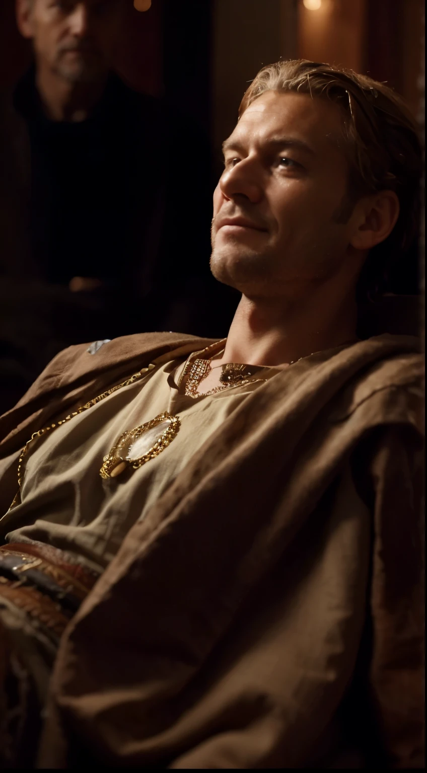 a man sitting on top of a couch next to a man, dressed in roman clothes, cinematic close shot, the look of an elderly person, name of the character is chad, ultra detailed content : face, almost smiling, watching, heavily upvoted, imperium, tv show still, oak, thinking, looking to his side, see, gerome