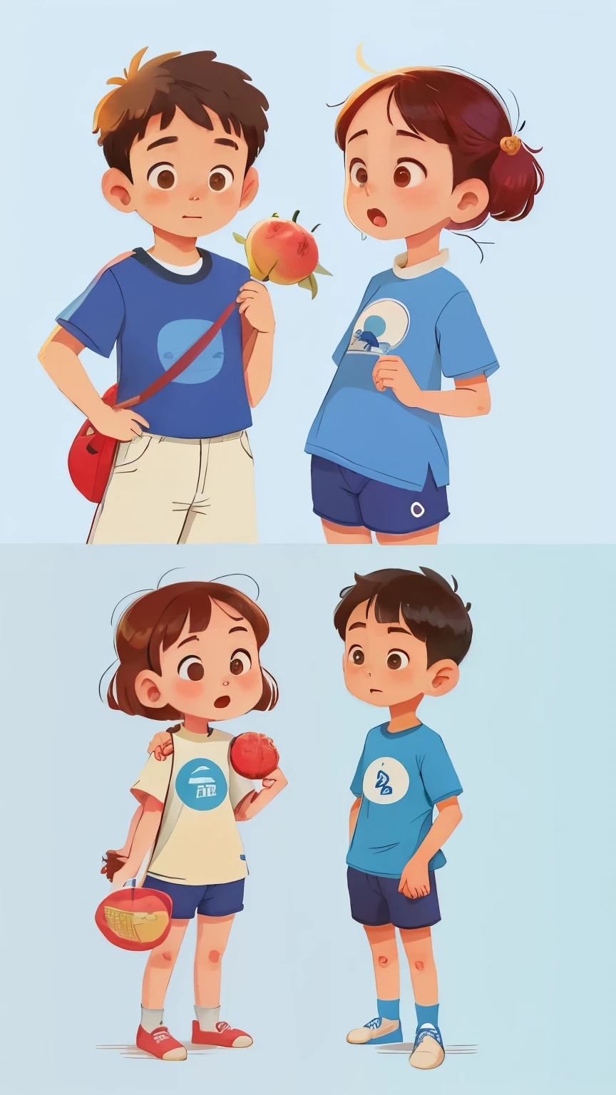 (China) 14-year-old short girl wearing blue shorts and a blue and white t-shirt, con un boul de sandia en las manos, y un chico (chino) 19 years old tall, con camisa blanca, They meet for the first time and the girl is fascinated