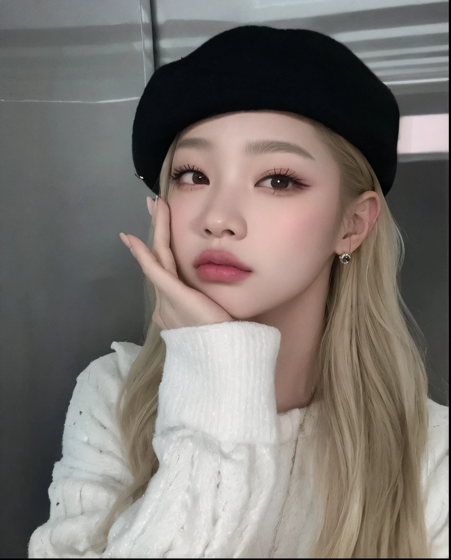 A close-up of a person wearing a hat and sweater, parque roseanne de blackpink, jossi do blackpink, Jinyoung Shin, Heonhwa Choe, Ulzzang, portrait of jossi do blackpink, Sun Yunjoo, Kim Doyoung, lalisa manobal, Jaeyeon Nam, cl, estacionar a partir de-min, taejune kim, coreana, jennie blackpink, lisa blackpink