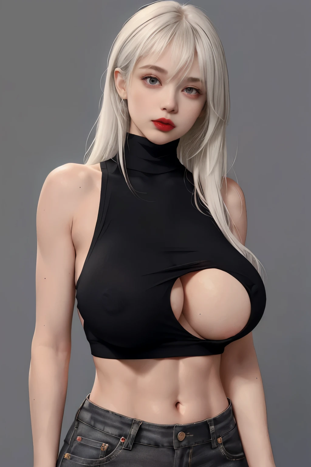 Girls, Bangs, Bare Shoulders, Black Pants, Breasts, Breasts squeezed together, Grey background, Hair between the eyes, Huge breasts, Long hair, View Viewer, Pants, Parted lips, Red eyes, Shirt, Simple background, Sleeveless, Sleeveless shirt, Solo, Turtleneck, V arm, White hair,(Shiny skin),(Masterpiece:1.4),(Best quality:1.4),,Facigirl,Red lips,Perfect abs, belly button, (nipple: 1.5), (sheer areola), nipple, huge, sweat, very very big breast, big lips, blue top