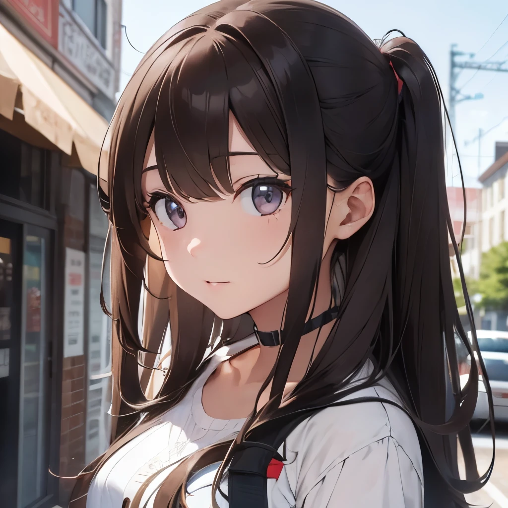 Girl, long brown hair, gray eyes, sharp features, white skin