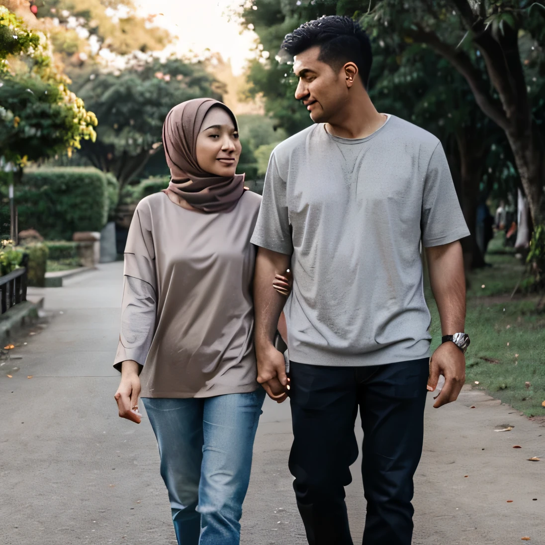 an indonesian men 50 years old with short gray hair and a thin beard, walking hand in hand with beautiful 40 years old indonesian women wearing hijab and beige colored clothes, The man wears a black t-shirt, jeans and sneakers with a small path in the park in the background