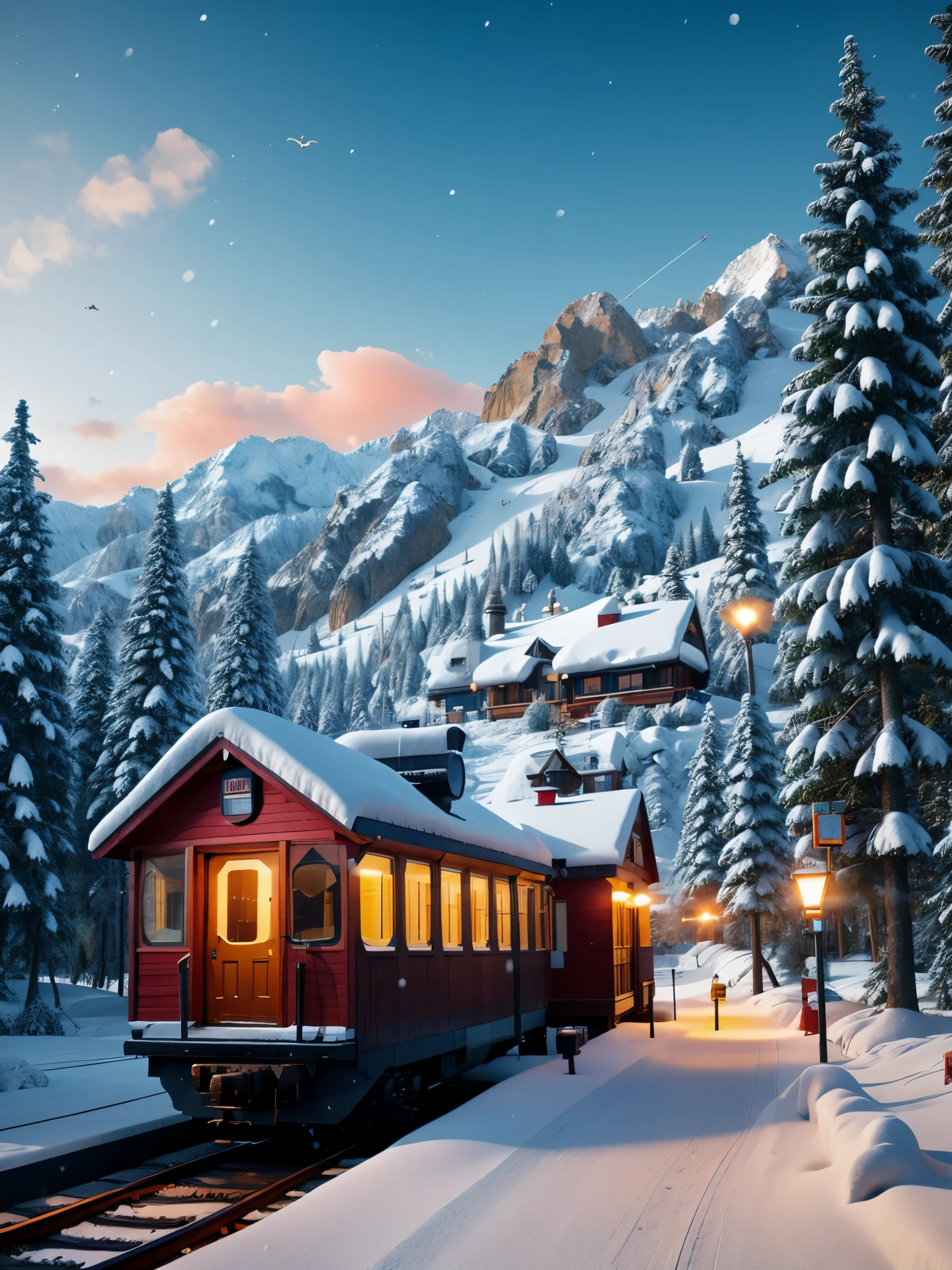 A solitary  station in the heavy snow，A station for one person，The big stop sign at the wooden house station，（Train tracks：1.3），Train tracks，Train tracks，national geographic，bird&#39;s eye photography，cyberpunk，future，