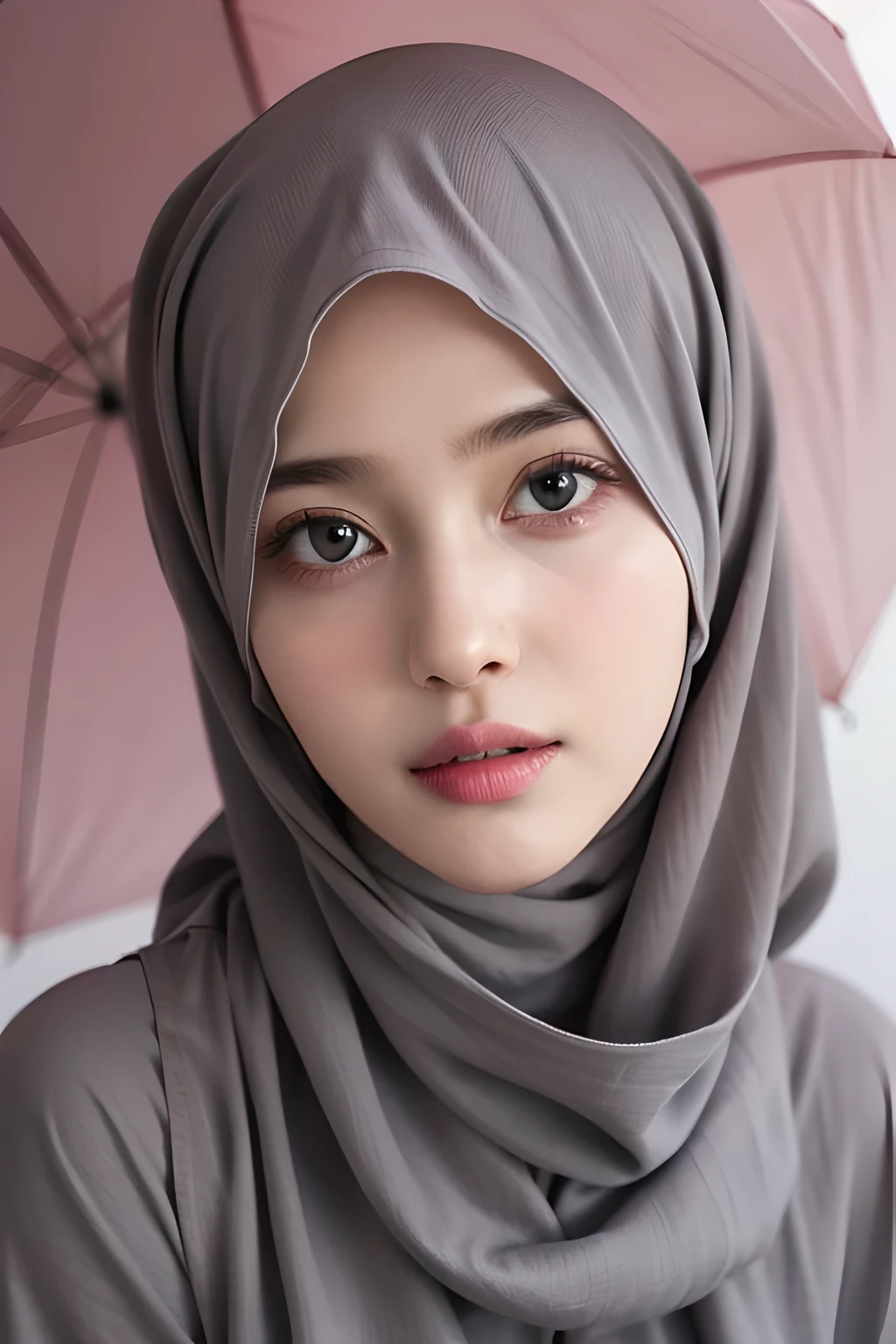 Realistic photo,wearing dress and long hijab grey colours, look from above, hyperrealistic, masterpiece, sweet ekspresion, melancholy , closeup photo, bright eyes, sexy lips, detailed makeup, detailed eyes cornea, wearing hijab no hair looks, blush pink cheek, background umbrella mosque nabawi beautifull