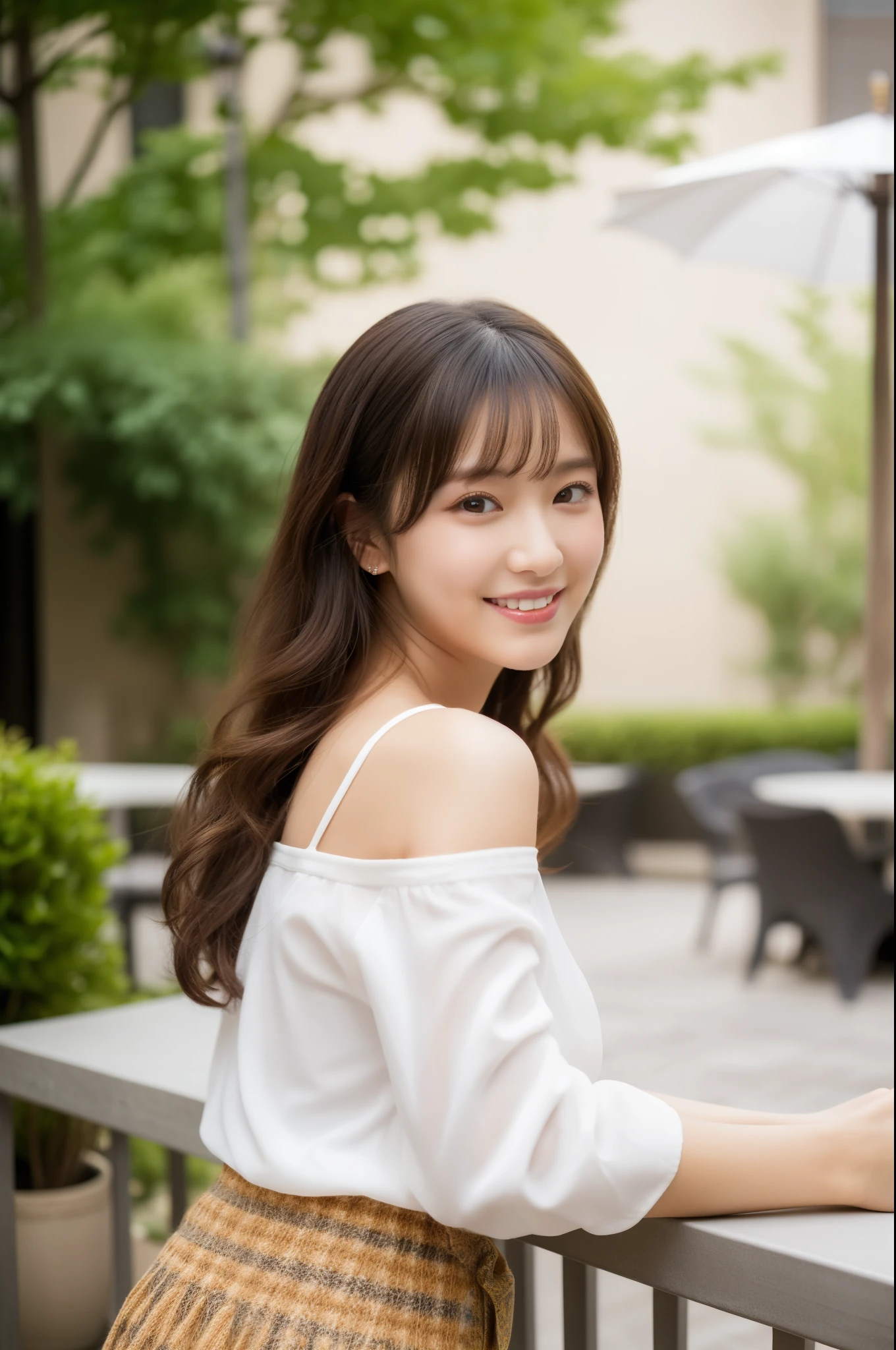 (highest quality,masterpiece:1.3,ultra high resolution),(Super detailed,caustics,8k),(realistic:1.4,RAW shooting),18-year-old,cute,Super beautiful,Japanese woman sitting on the terrace of a cafe, long curly hair, turn around, off shoulder, big round eyes, sunlight,  With bangs, brown eyes, Narrow forehead, , smile, long skirt,big breasts,