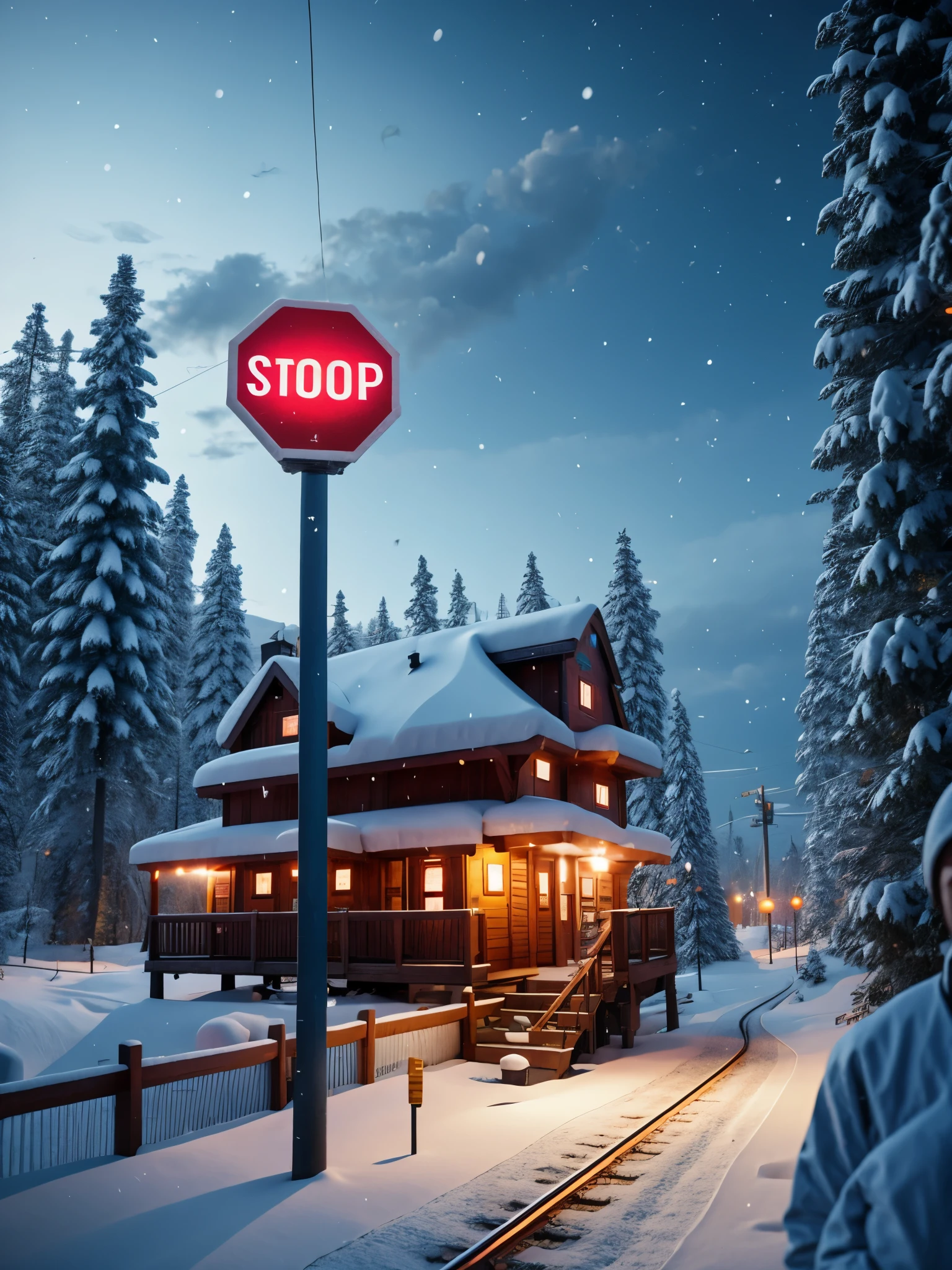 A solitary  station in the heavy snow，A station for one person，The big stop sign at the wooden house station，（Train tracks：0.65），science fiction，cyberpunk，future，photography，