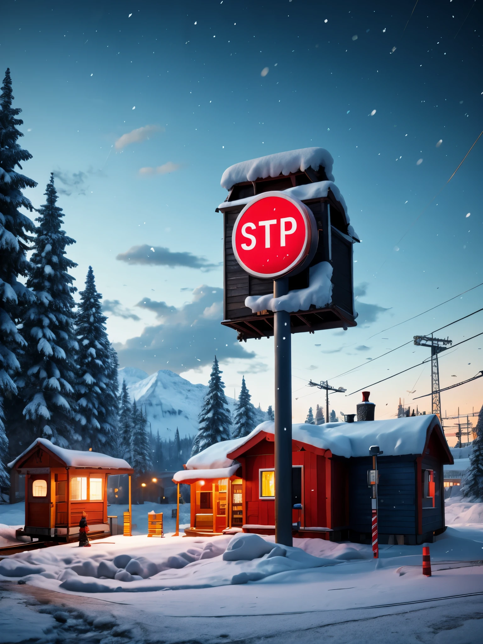 A solitary  station in the heavy snow，A station for one person，The big stop sign at the wooden house station，（Train tracks：0.65），science fiction，cyberpunk，future，photography，