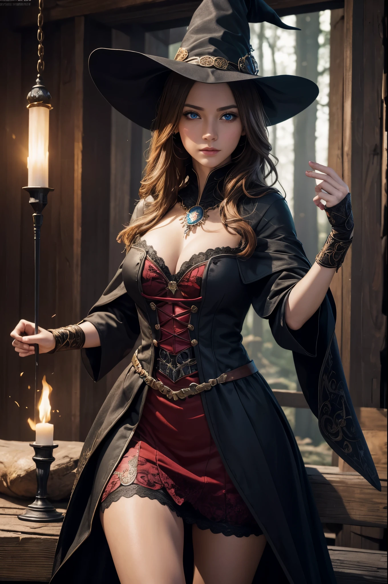 8K,((highest quality)), ((table top)), ((realistic)), ケルトのwitch, witch, artistic anatomical hand, fine art anatomy, shining blue eyes, woman&#39;s face, , Trending at Art Station, sharp focus, studio photography, intricate details, very detailed, fine eyes, figure, very detailed, Red and Black witch Costume,sharp focus, digital rendering, Professional, beautiful expression,超A high resolution,real looking skin　Colorful effect of the magic circle behind you,in the forest,Super beautiful(like the real thing),battle scene,dynamic action pose,view audience,