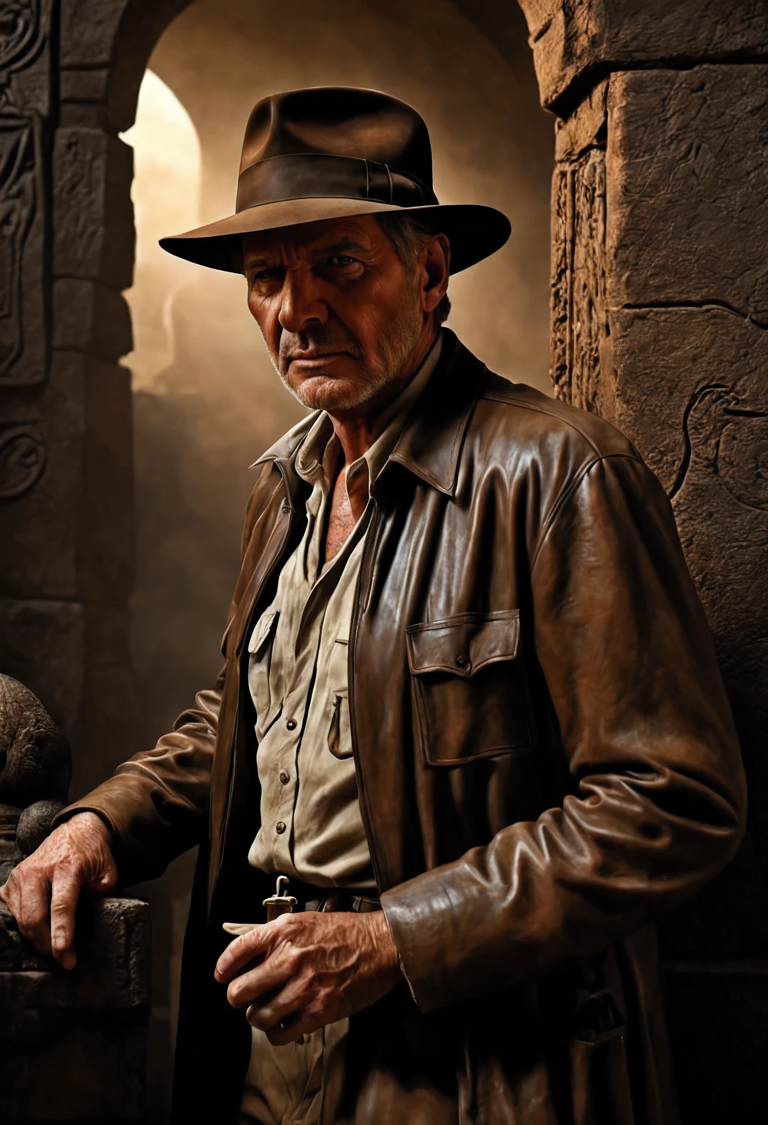 Young 30-year-old Harrison Ford as Indiana Jones, perfect composition, hermoso, detallado, intrincado, incredibly detailed, renderizado de octanaje, tendencia en artstation, 8k art photography, arte conceptual fotorrealista, Soft natural volumetric cinematic perfect light., chiaroscuro, award-winning photography, Obra maestra, oil on canvas, Rafael, caravaggio, Greg Rutkowski, pitido, Beksinski, giger