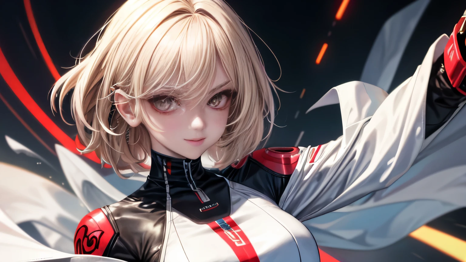 optimal，master piece，High resolution，best quality，hyper hd，super detail，Award-winning，16k，solo，（Upper body），correct anatomy，beautiful cyberpunk girl，cute face，，gradation beige hair，hair line，（（scarlet eyes）），long eyelashes，drooping corners of the eyes，white skin，（small ），（Because I&#39;m slender），（（Women&#39;s Super Short Shawl Leather Jacket）），（（racing_suit）），（（height_skirt）），ear studs，（neck ring），（laser material clothing：1.2）、cleavage、smile、beautiful eyes