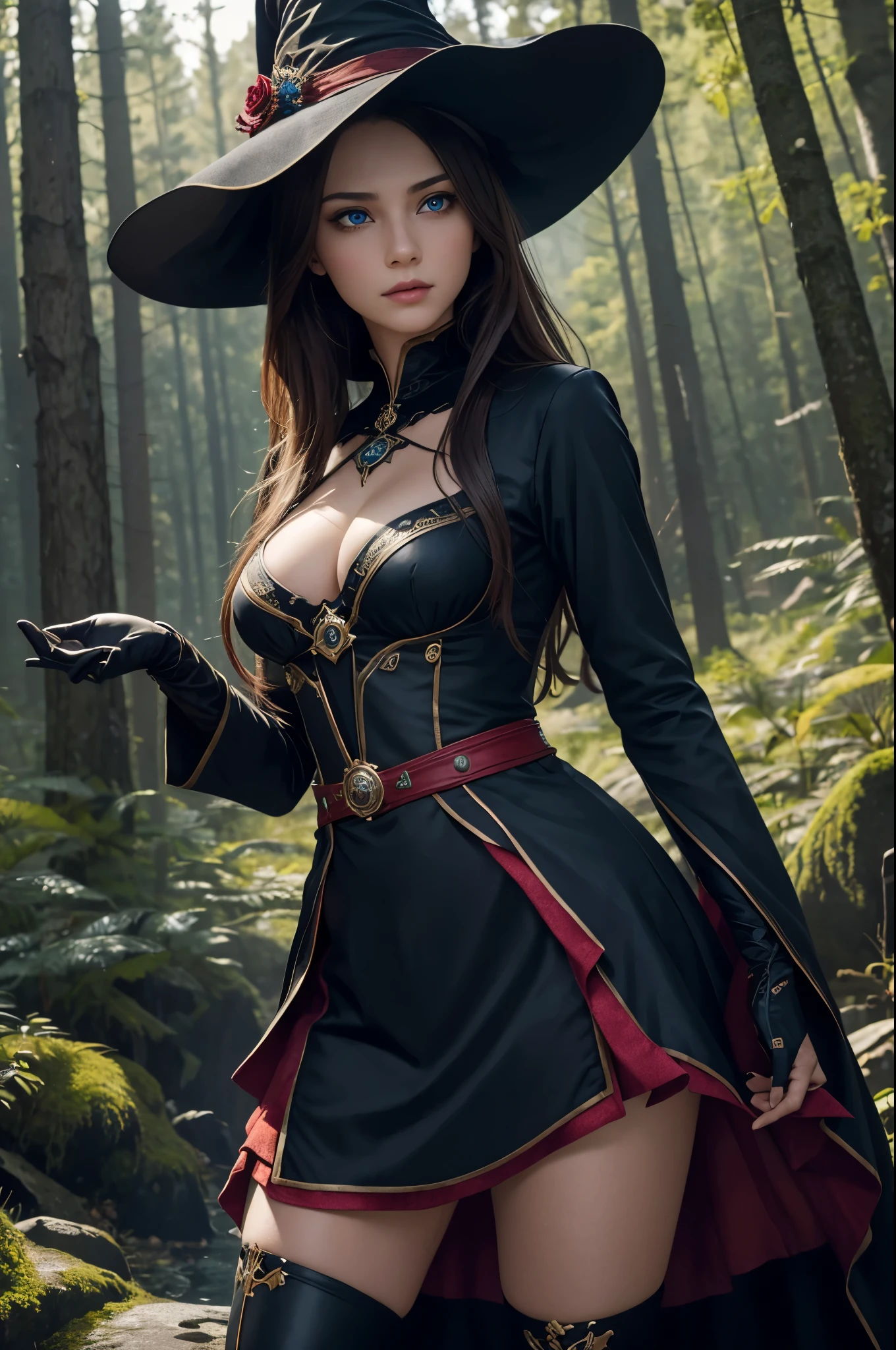 8K,((highest quality)), ((table top)), ((realistic)), ケルトのwitch, witch, artistic anatomical hand, fine art anatomy, shining blue eyes, woman's face, , Trending at Art Station, sharp focus, studio photography, intricate details, very detailed, fine eyes, figure, very detailed, Red and Black witch Costume,sharp focus, digital rendering, Professional, beautiful expression,超A high resolution,real looking skin Colorful effect of the magic circle behind you,in the forest,Super beautiful(like the real thing),battle scene,dynamic action pose,view audience,