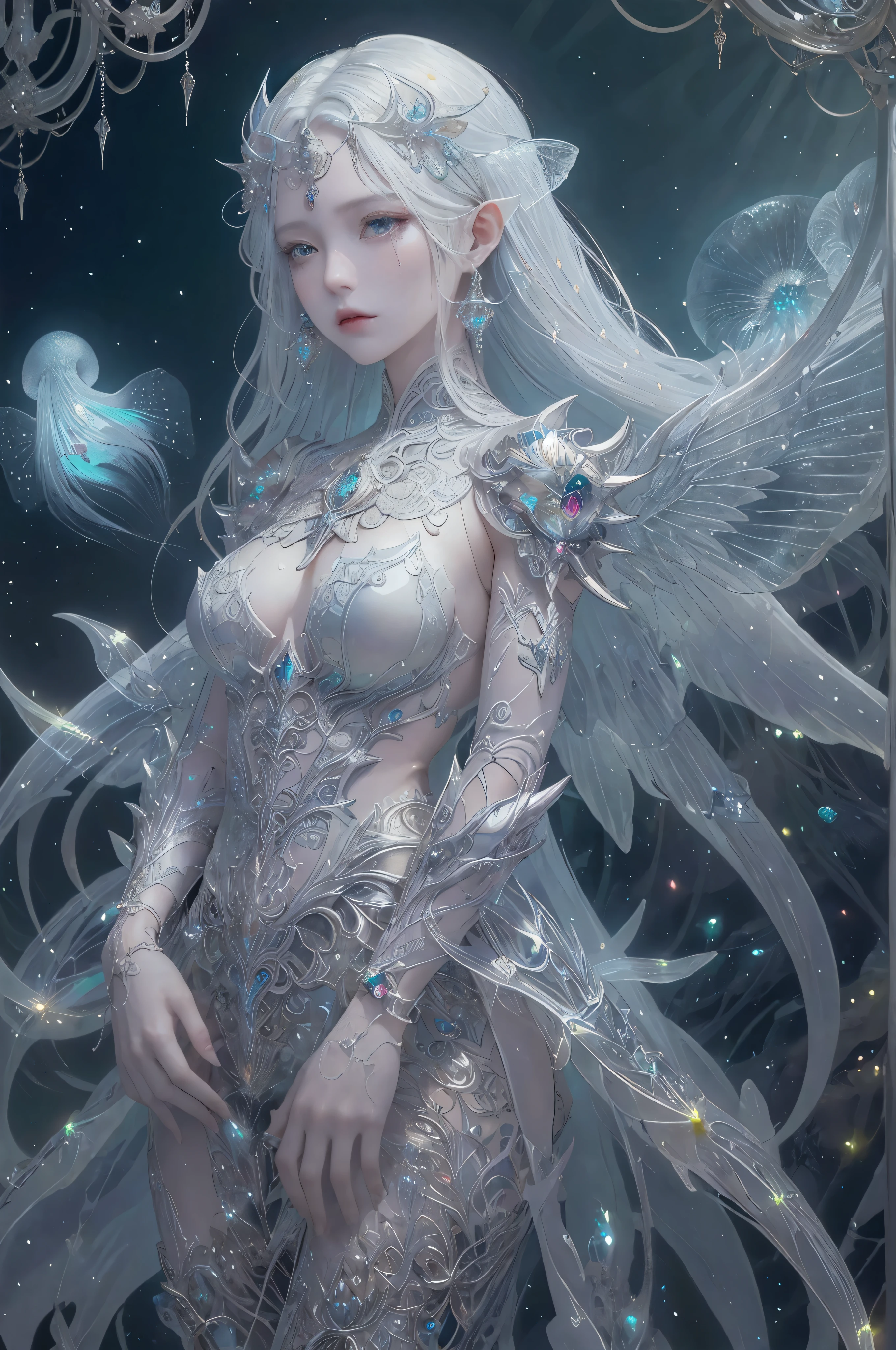 masterpiece, high quality, Ocean Forest, City, fantasy fantasy, glowing plant, Coral Viaduct, (A group of glowing jellyfish), (A group of fish with transparent wings fly in the sky), Us, extreme details, morning light, epic work, (intricate details), (complex design, Super detailed: 1.2), art station, (masterpiece, best quality), ultra high definition, 32k ,castle,1 girl
