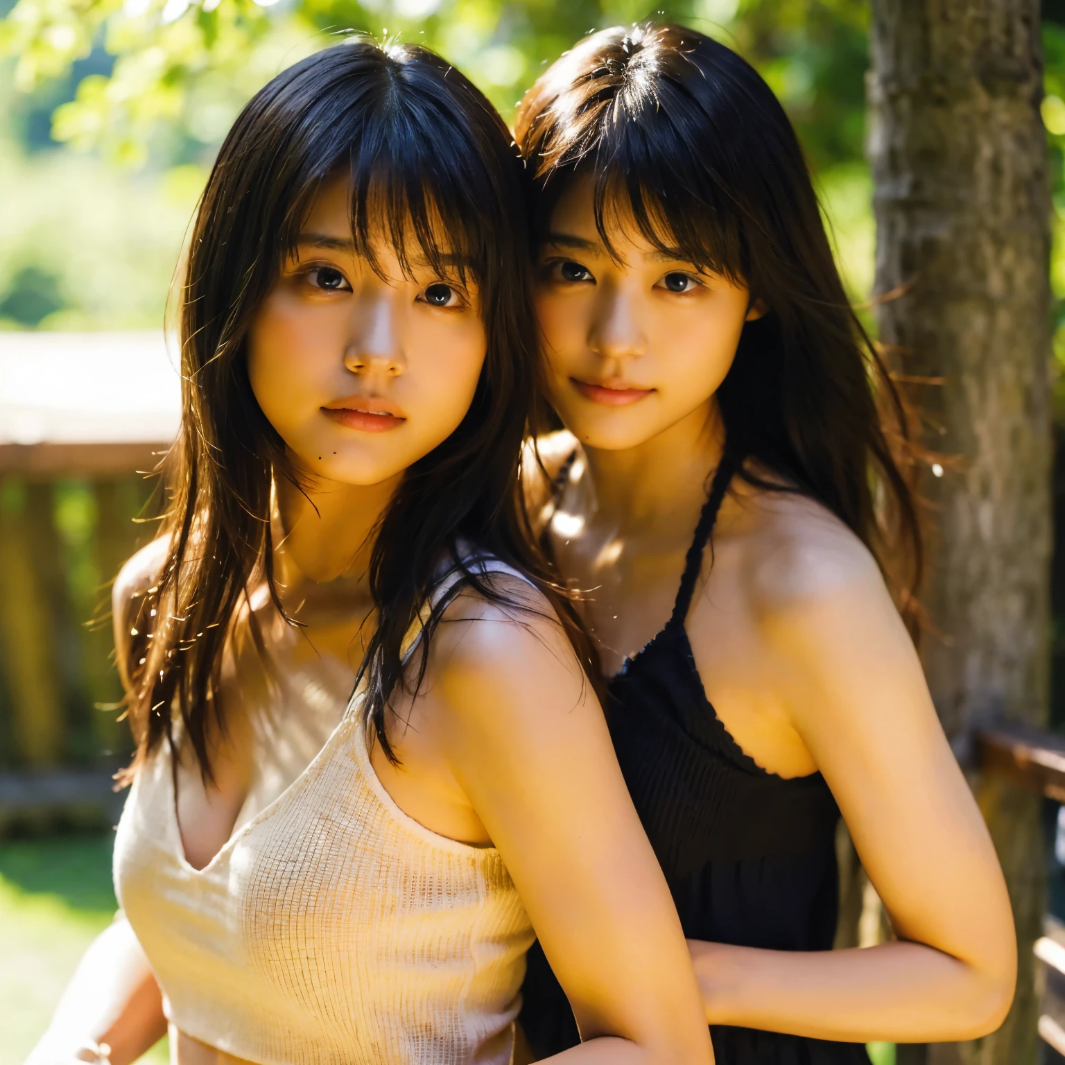 identical twin sisters、realistic、realistic skin texture、automatic rifle、tattoo