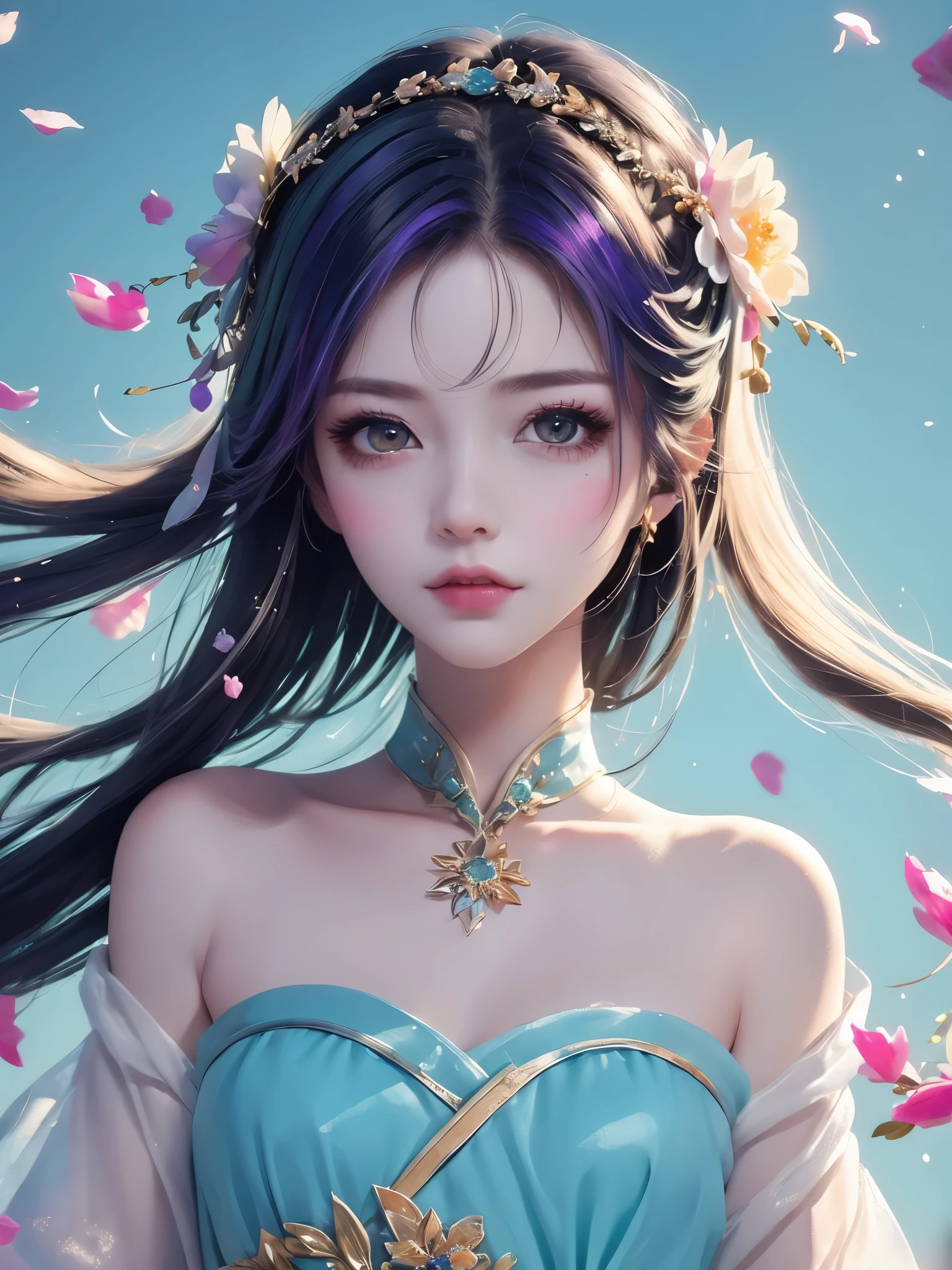(Pink fashion T-shirt,:1.9),(Colorful hair:1.8),(All colors of the rainbow:1.8),((((Vertical pintng:1.6))),(ish:1.6),Front,漫painting,illustration,ish,big eyes,crystal clear,(Iridescent gradient high ponytail:1.7),Carefully put on makeup,Keep your mouth shut,(Little fresh:1.5),long eyelashes,White shoulder T-camisole,, white shoulder shirt,looking at the audience,水汪汪的big eyes,(rainbow hair:1.6), Color splash, (alone:1.8), Color splash, color explosion, Color splash, color explosion, thick paint style,messy lines,((shining,)) ,(rich and colorful,,,,), Thick painting Style, (splash) (Color splash), Vertical paintinging, Upper body, painting splash, acrylic paint, slope, painting, Highest image quality, 最高painting质, masterpiece, alone, depth of field, Face painting, rich and colorful clothes, (grace: 1.2), Gorgeous, long hair, wind-made, (grace: 1.3), (petal-like: 1.4),(((Masterpiece))),(((best quality))),((Super detailed)),(illustration),(dynamic angle),((floating)),(pint),((loose hair)),(alone),(1 girl) , (( (Detailed anima face))),((Beautiful and delicate face)),collar,bare shoulders,white hair,((colored hair)),((Striped hair)),Beautiful and delicate eyes,(slope eyes),(( (Color eyes))),(((rich and colorfully background))),(((high saturation))),(((Surrounded by rich and colorful splashes))),()Hanfu)