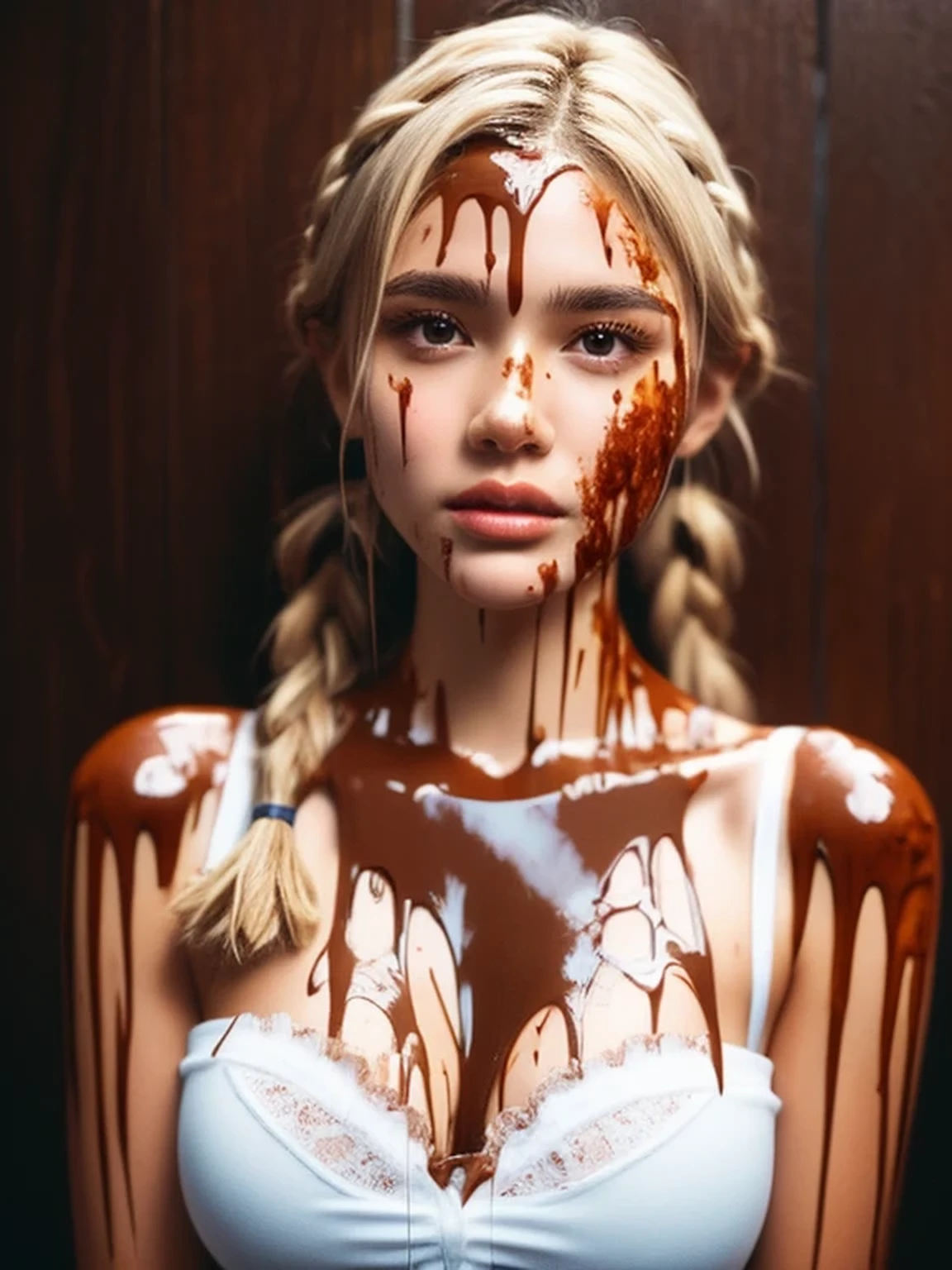 Film photograph, photorealistic, portrait photograph, (Caucasian teenager, blonde hair: 1.1), beautiful details, detailed eyes, detailed face, intricate details, extreme realism, 8k, HD, cleavage, chocolate, chocolate syrup on chest, chocolate syrup on hair, guro, white lace bra, braided pigtails, blood on face, blood on hair