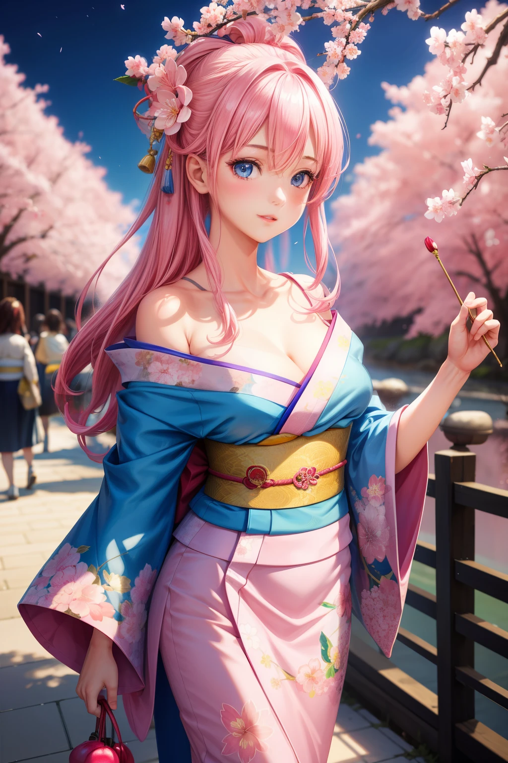 realistic, 1 girl, pink hair，blue eyes、kimono，off shoulder、Cherry blossom trees、night、high resolution、ultra high resolution、Delicate、16k