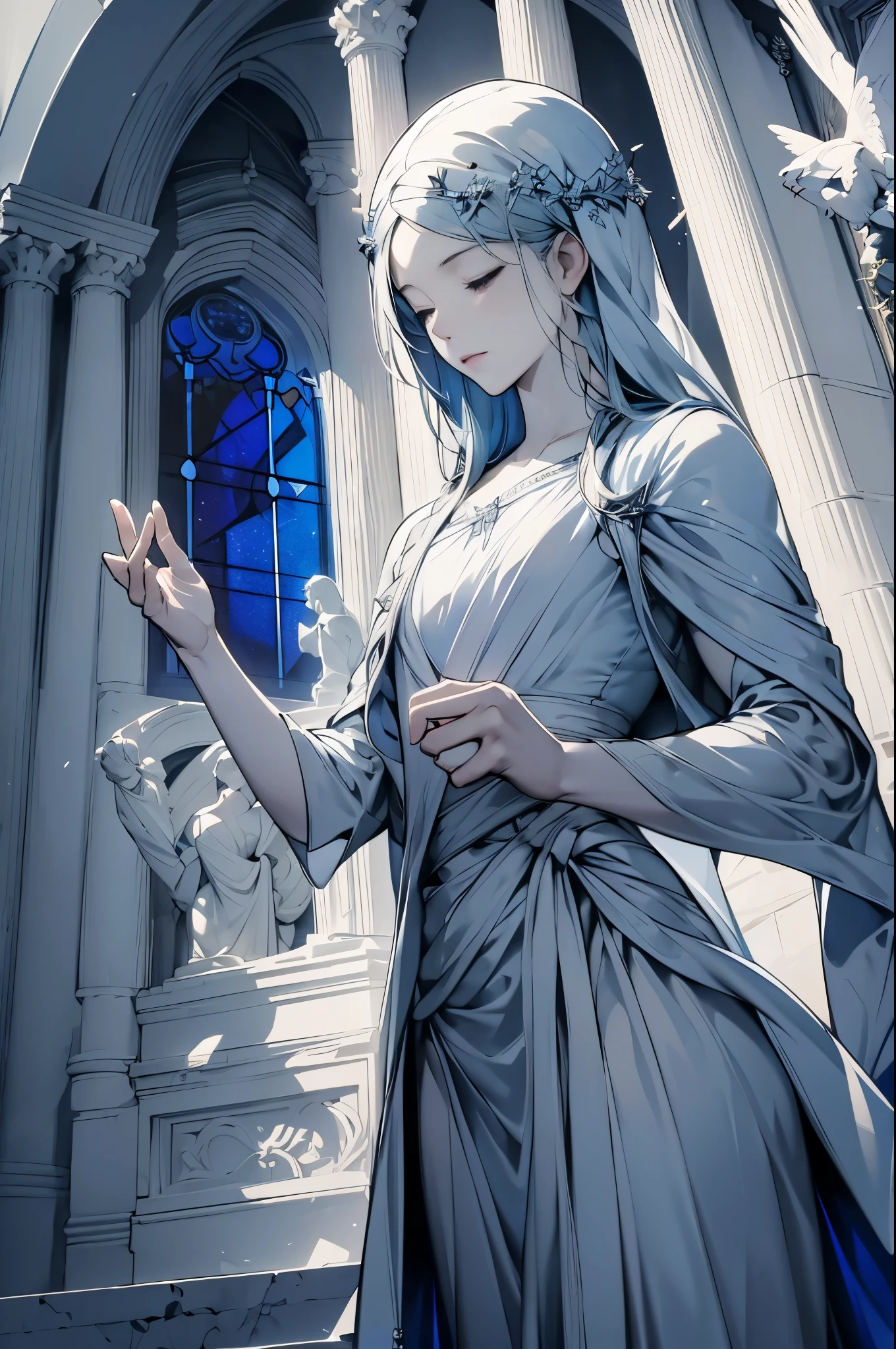 church, dark, blue stained glass, masterpiece, very delicate, very detailed, Artistic, white saint statue, monochromatic sculpture, Close ~ eyes, Fold your hands in front of your body, pray, high contrast, highest quality, best image quality