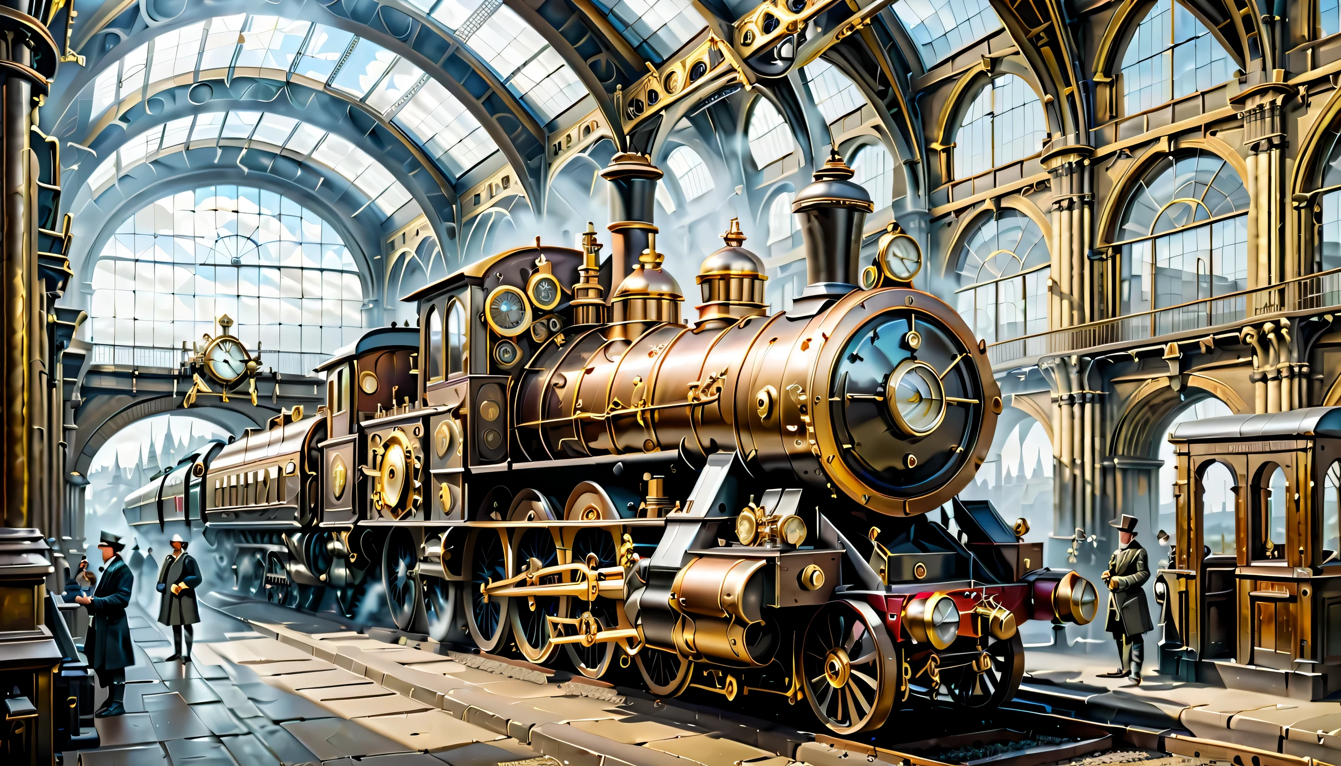 Landscape painting,station,Steampunk element,Mechanical engineering,Mechanically,Mechanical,intricate details,very fine,High resolution,high quality,最high quality,clearly,Be clear,beautiful light and shadow,Three dimensions,complex configuration,dynamic,16th century london,dramatic,Looks grumpy,station構内,art gallery&#39;Orsay