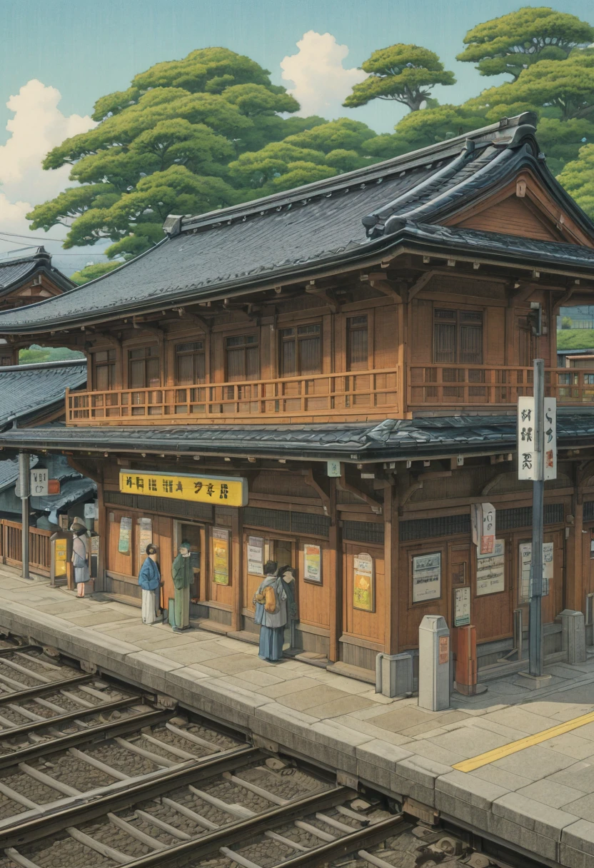 Train Station by Kawase Hasui, best quality, masterpiece, Representative work, official art, Professional, Ultra intricate detailed, 8k