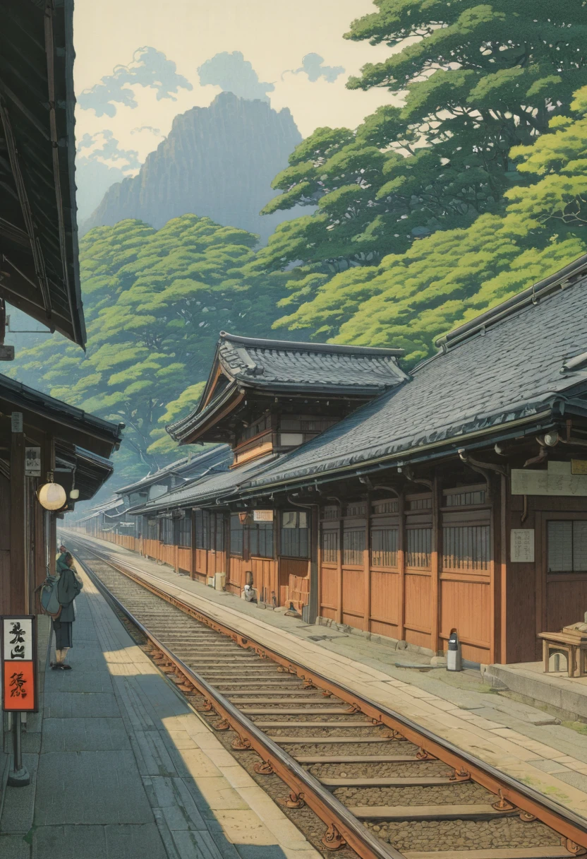 Train Station by Kawase Hasui, best quality, masterpiece, Representative work, official art, Professional, Ultra intricate detailed, 8k