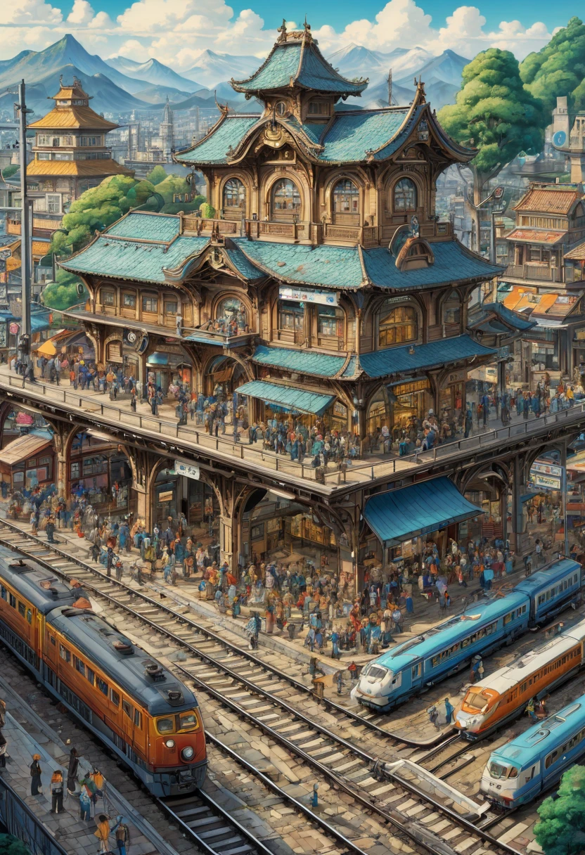 Train Station by Sugimori Ken, best quality, masterpiece, Representative work, official art, Professional, Ultra intricate detailed, 8k