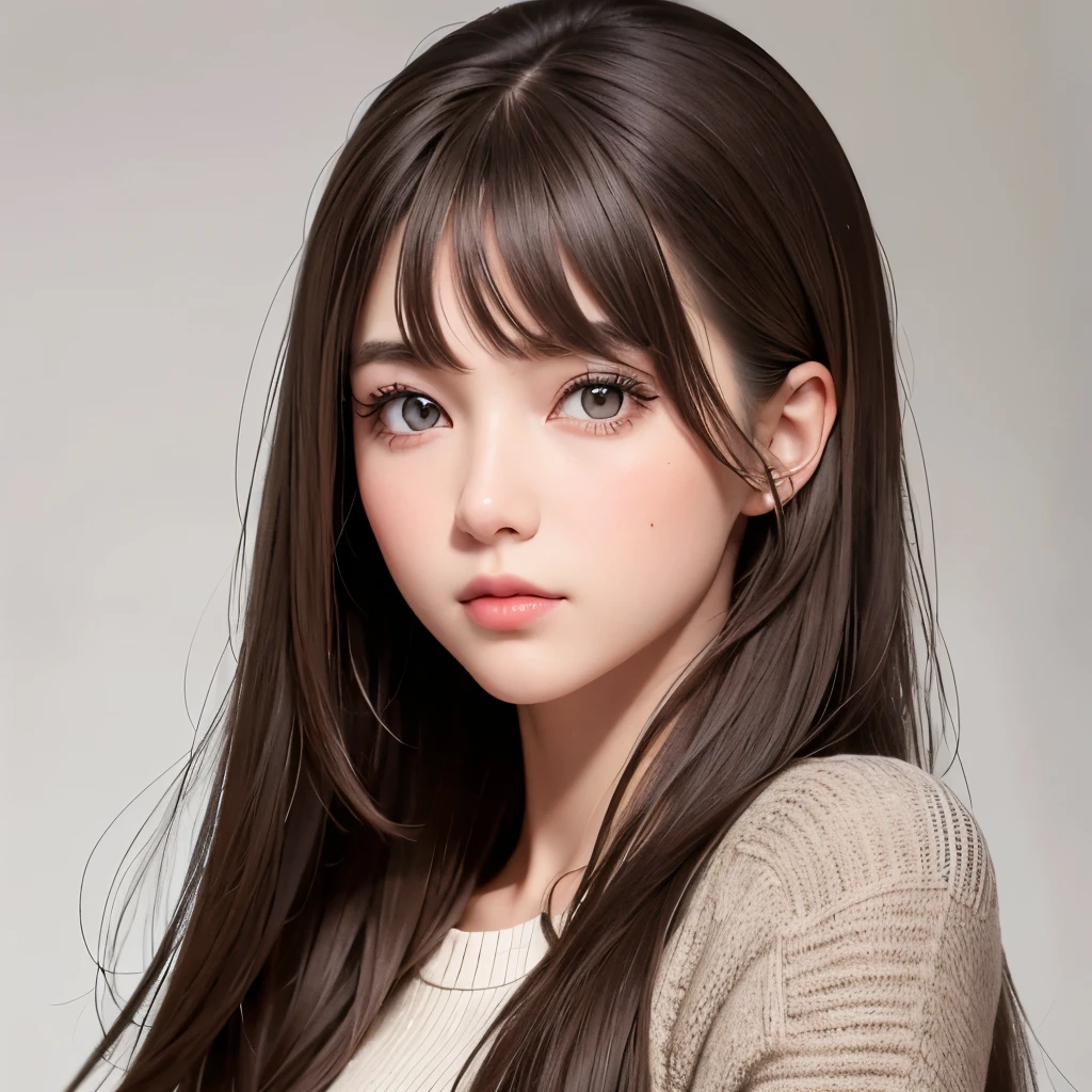 Girl, long brown hair, gray eyes, sharp features, white skin