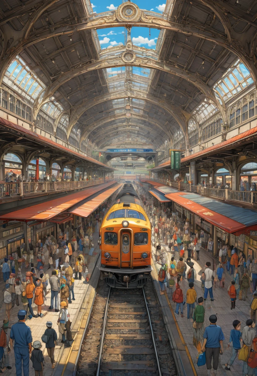 Train Station by Sugimori Ken, best quality, masterpiece, Representative work, official art, Professional, Ultra intricate detailed, 8k