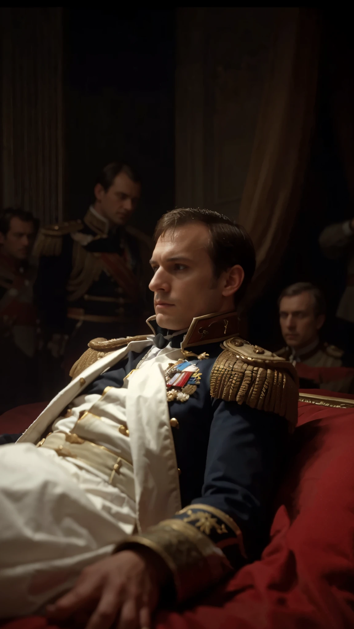 Napoleon Bonaparte in a military uniform laying on a bed, cutscene footage, receding hairline, aristocratic clothing, 2019, in a large hall, sebastian kruger, sad frown, napoleon, lower quality, video still, paradox, anime screencaps, leaders, very low quality, rivers, pictured from the shoulders up, ds, tired