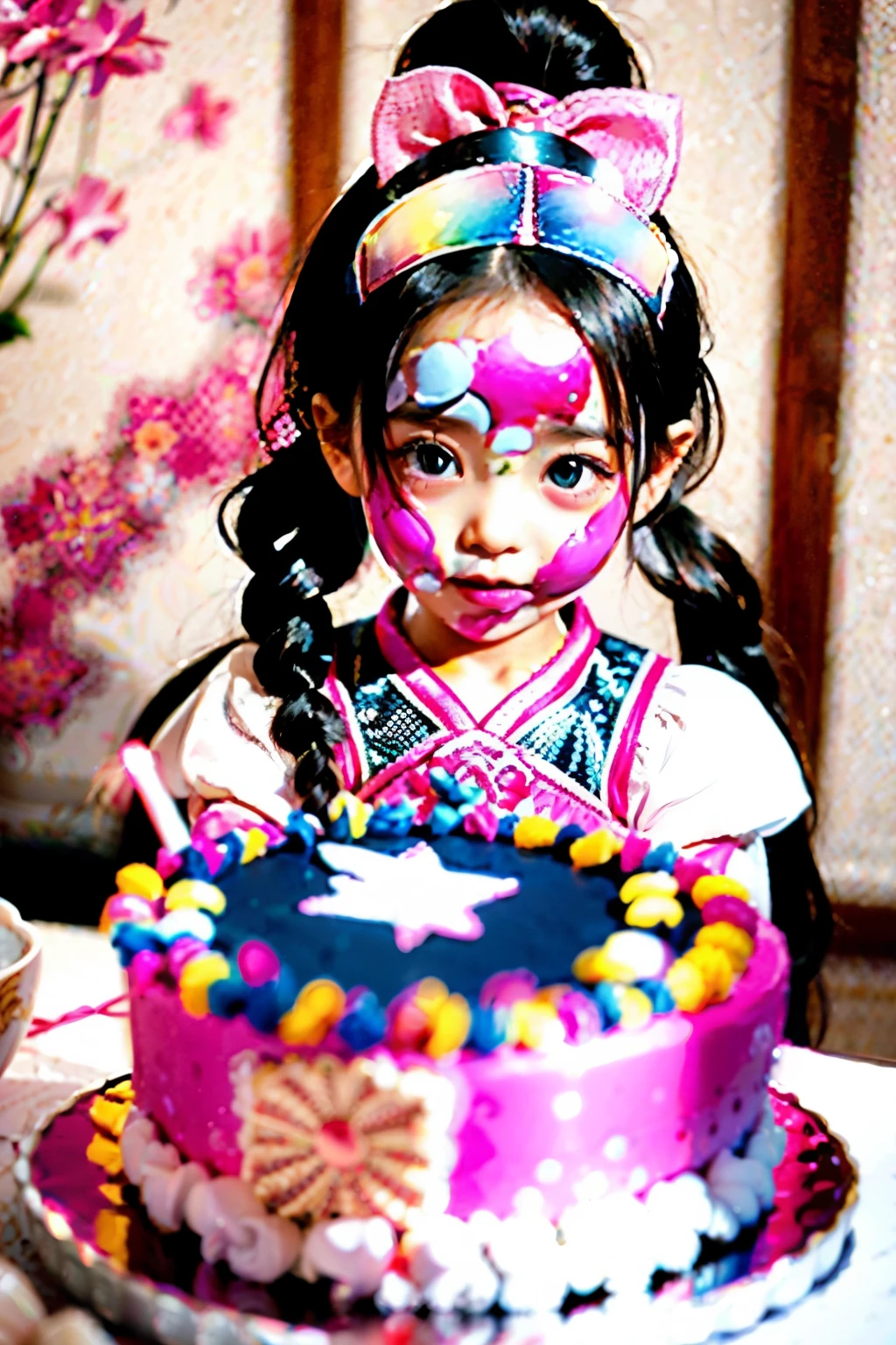 A 6-year-old Chinese girl，Big eyes and long eyelashes，with ponytail，wearing pink dress，celebrating birthday，There is a birthday cake in front of you，The theme is Barbie，joy，Warmth，high quality，3:4