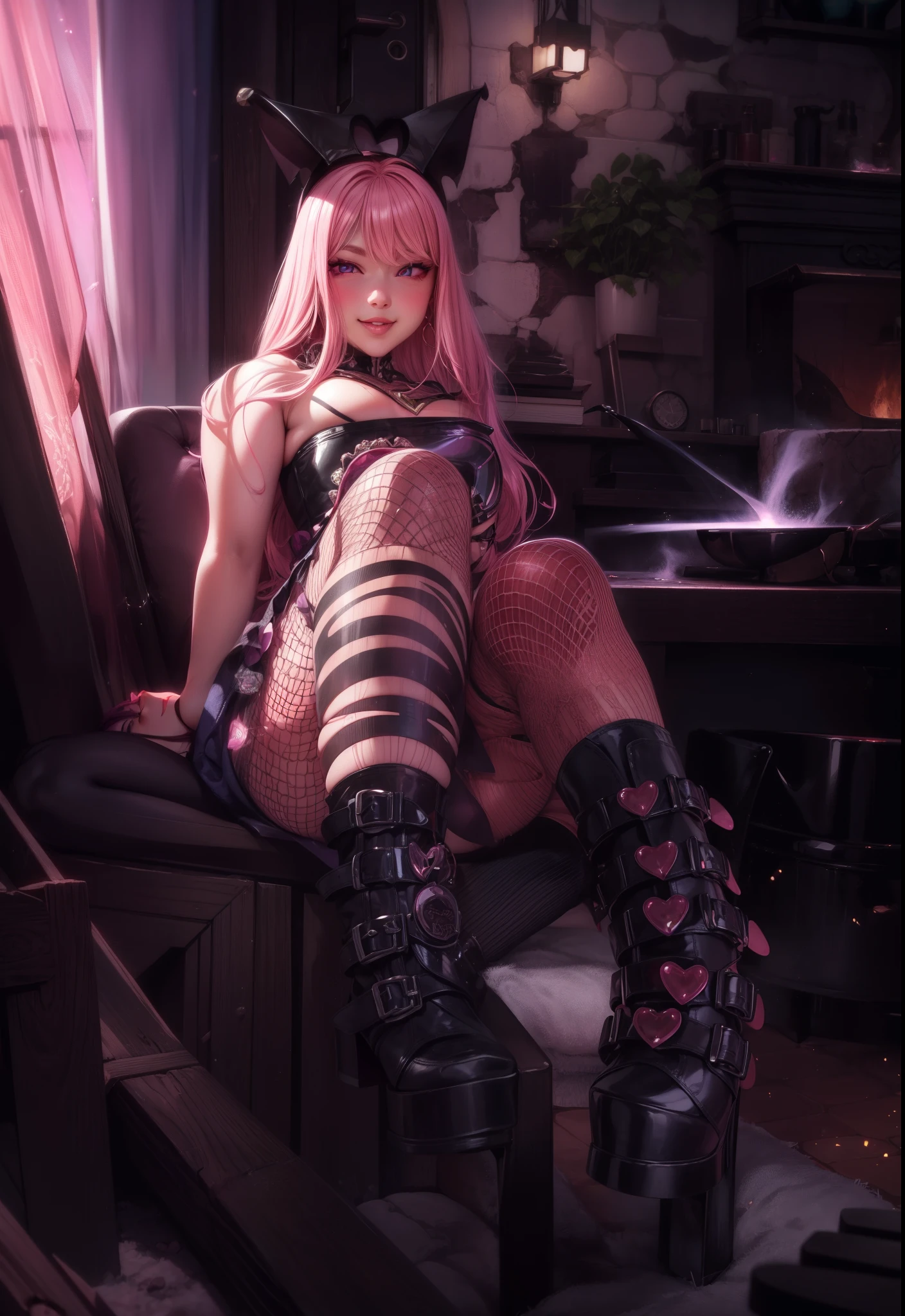 blush, smile,glowing aura, natural light, masterpiece, glossy skin, juicy lips , ,sexy, hot, evil,juicy lips hour glass, , juicy lips, , slender body, small , smile, ultra detailed, , short pink hair,purple eyes, evil, evil smile, bimbo, sitting down, (no background)), platform boots, stockings, stripy