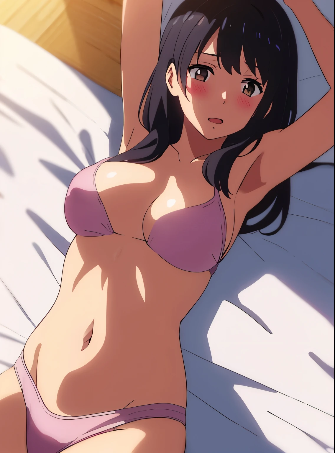 shinkai makoto, kimi no na wa., 1girl, mature woman, bangs, bed sheet, black hair, blush, breasts, medium breast, brown eyes, twisted half up, long hair, solo, medium breast, pink nipples, open mouth, navel, arms up, sexy pose, cowboy shot, groin, lying, medium breasts, on back, vagina, bedroom,