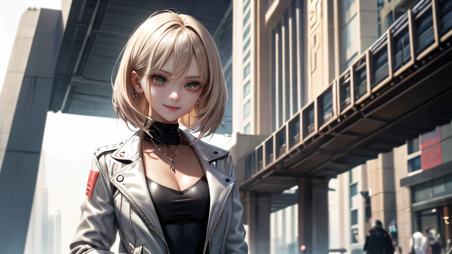 optimal,master piece,High resolution,best quality,hyper hd,super detail,Award-winning,16k,solo,(Upper body),correct anatomy,beautiful cyberpunk girl,cute face,,gradation beige hair,hair line,((scarlet eyes)),long eyelashes,drooping corners of the eyes,white skin,(small ),(Because I'm slender),((Women's Super Short Shawl Leather Jacket)),((racing_suit)),((height_skirt)),ear studs,(neck ring),(laser material clothing:1.2)、cleavage、smile、beautiful eyes