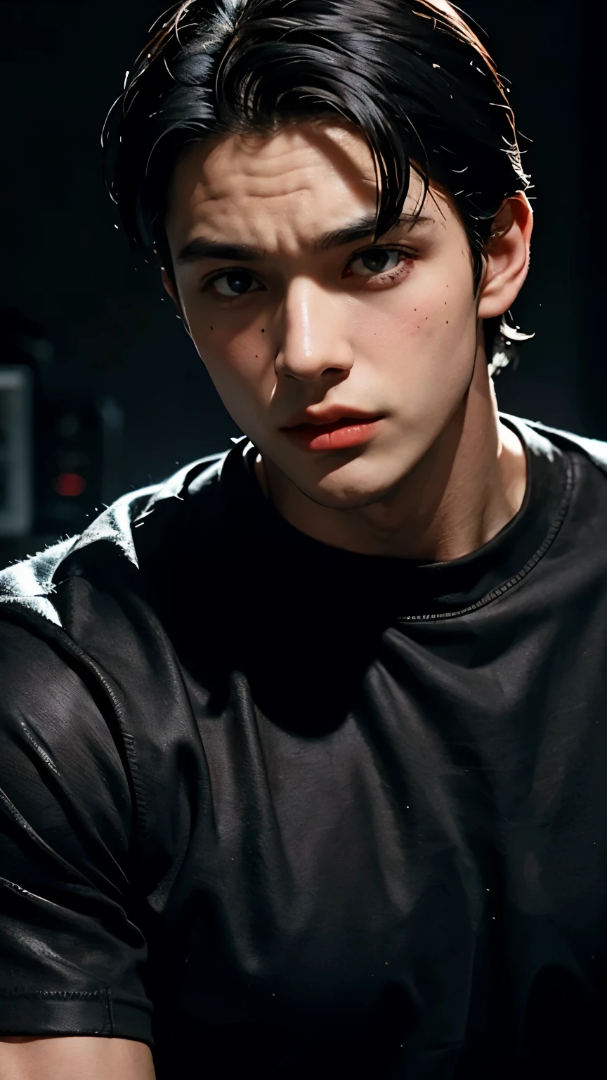 Young Bruce Wayne man black hair, big muscular body, black shirt, in a dark room background closeup face short
