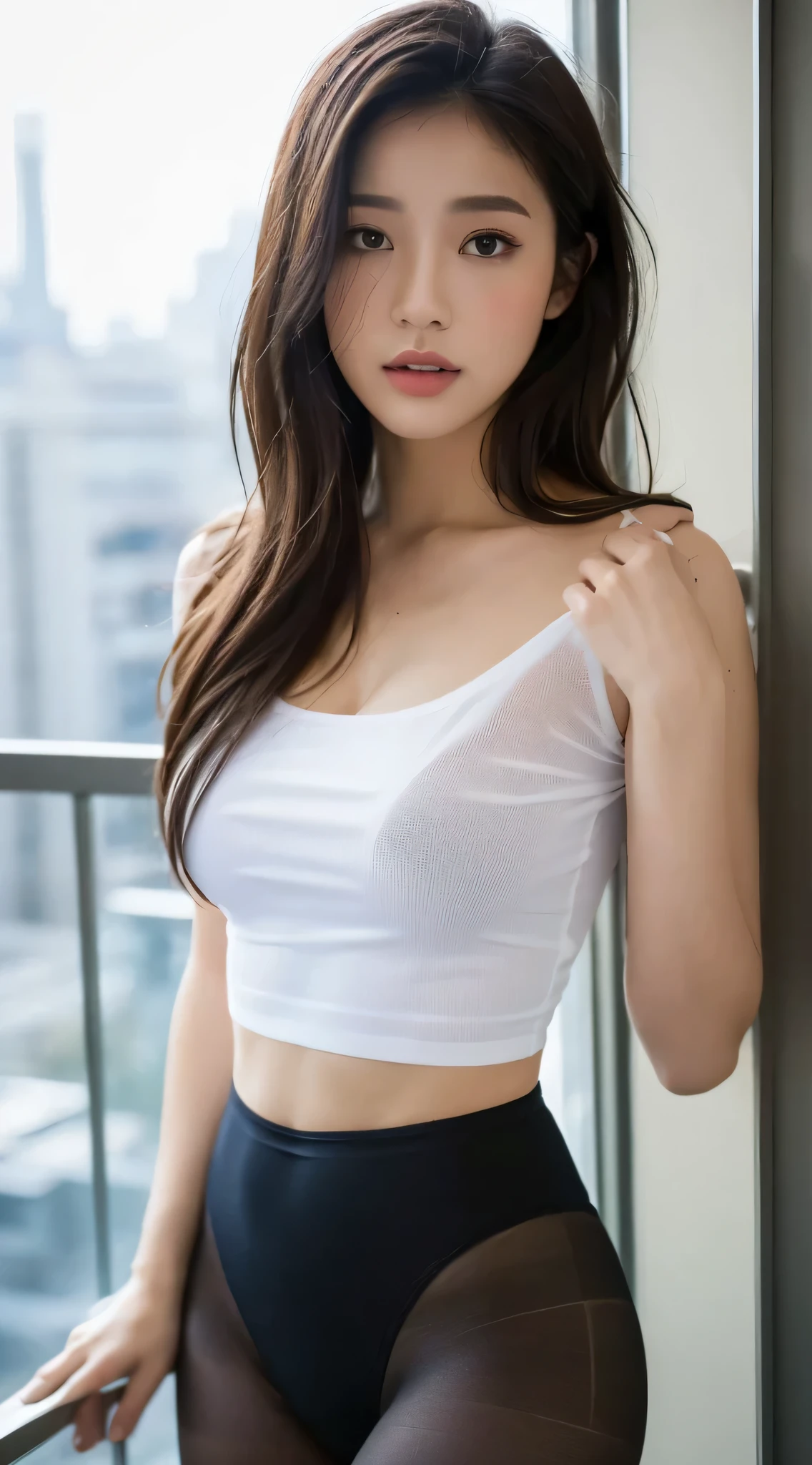 ((best quality, 8k, masterpiece :1.3)), whole body, sharp focus :1.2, beautiful woman,Perfect body :1.4, Slim abs :1.2, ((Dark brown hair, big breasts :1.2)), tights :1.1, (city night view, modern balcony :1.1), Highly detailed face and skin textures, exquisite eyes, double eyelids, small bust, OL, office Wear, White T-shirt, Naked trench coat, (black pantyhose), (No), Interior scene, office
