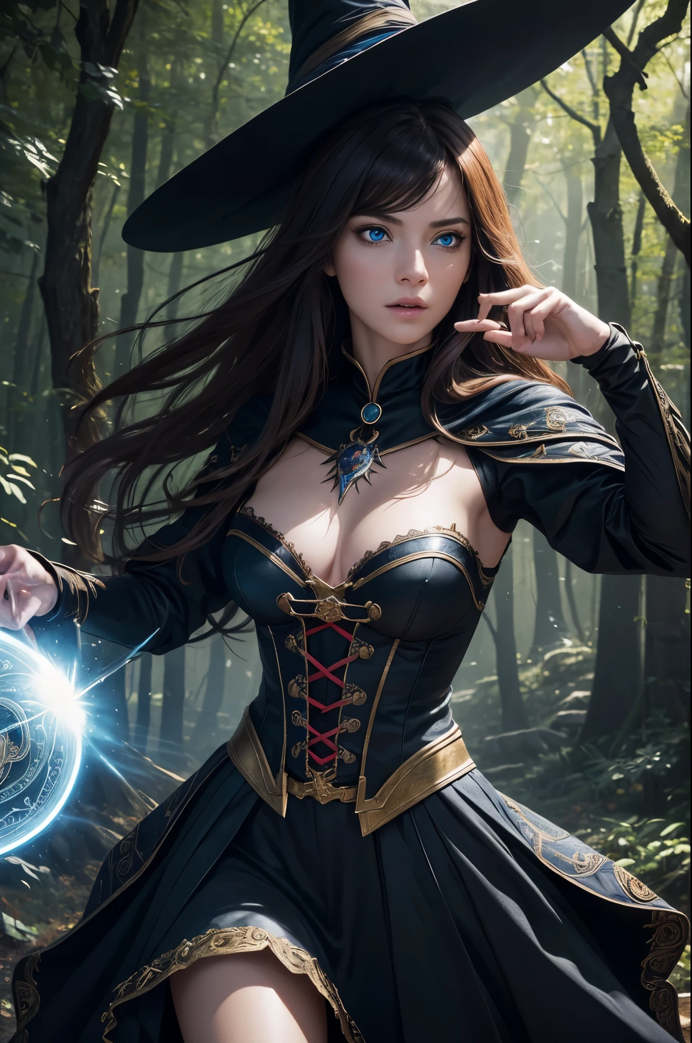 8K,((highest quality)), ((table top)), ((realistic)), ケルトのwitch, witch, artistic anatomical hand, fine art , shining blue eyes, woman&#39;s face, , Trending at Art Station, sharp focus, studio photography, intricate details, very detailed, fine eyes, figure, very detailed, Red and Black witch Costume,sharp focus, digital rendering, Professional, beautiful expression,超A high resolution,super realistic skin,Colorful effect of the magic circle behind you,in the forest,Super beautiful(like the real thing),battle scene,action pose,view audience,grim expression,dynamic pose,fighting pose,very big white magic circle,Geometric pattern,Close-up,