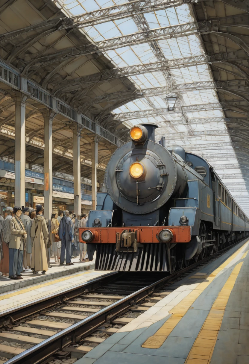 Train Station by Naoki Urasawa, best quality, masterpiece, Representative work, official art, Professional, Ultra intricate detailed, 8k