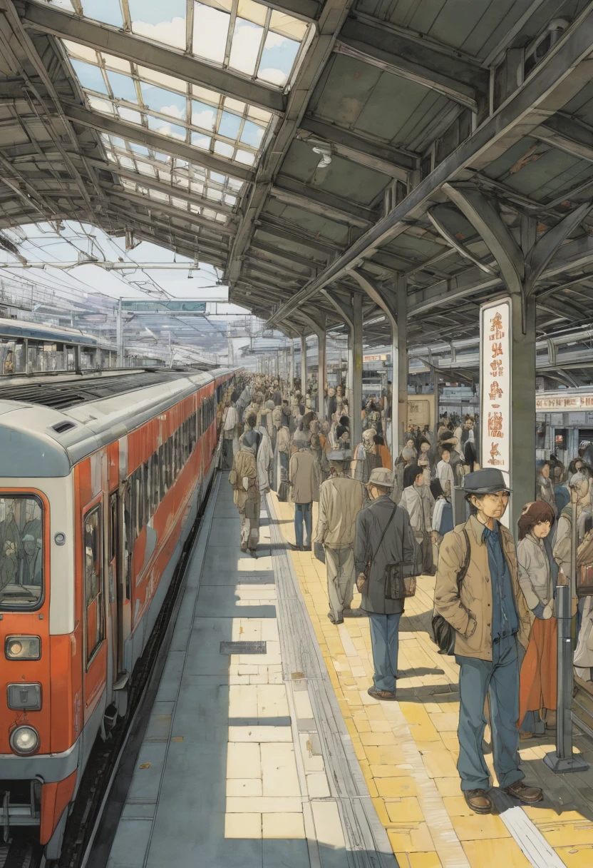 Train Station by Naoki Urasawa, best quality, masterpiece, Representative work, official art, Professional, Ultra intricate detailed, 8k
