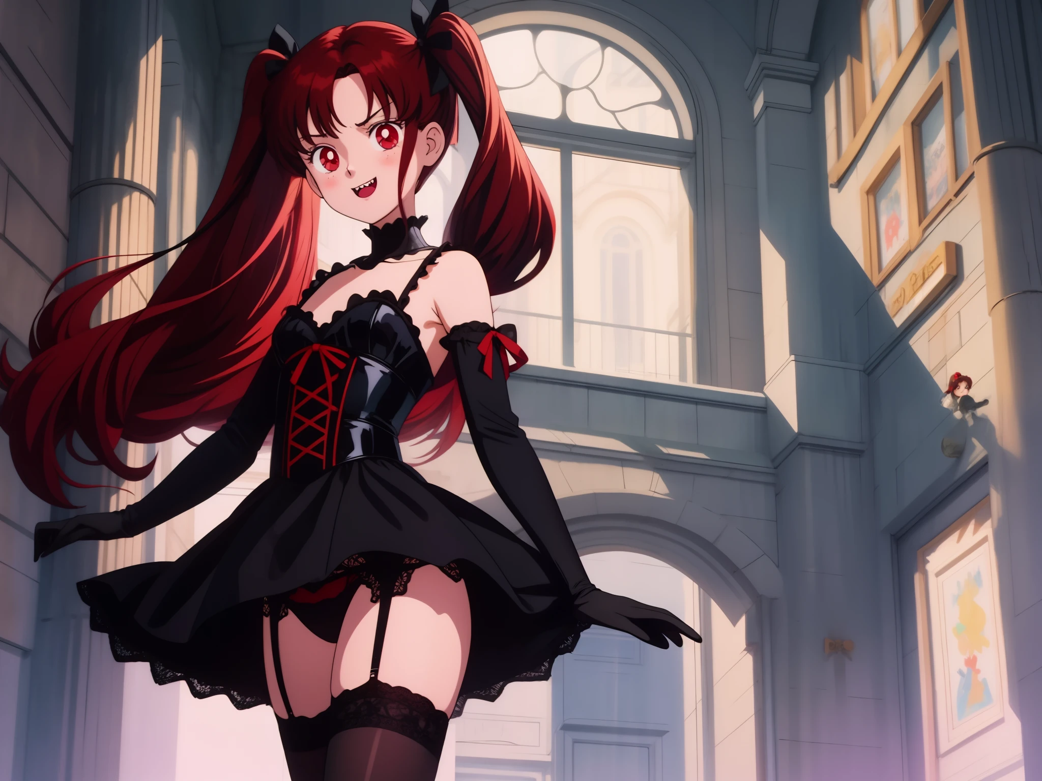 anime style, 1kid, elf, small, , long hair, dark red hair, long locks, red eyes, vertical slit pupils, tight black gothic dress with lace, black ribbon on hair, two long twintails, miniskirt, black tights with lace, long black gloves, garter belt, evil smile, sharp teeth, cleavage, flat chest, bare shoulders, very thick thighs, medieval city, cowboy shot, sexy, seductive, from below, black panties, kid, kid sma