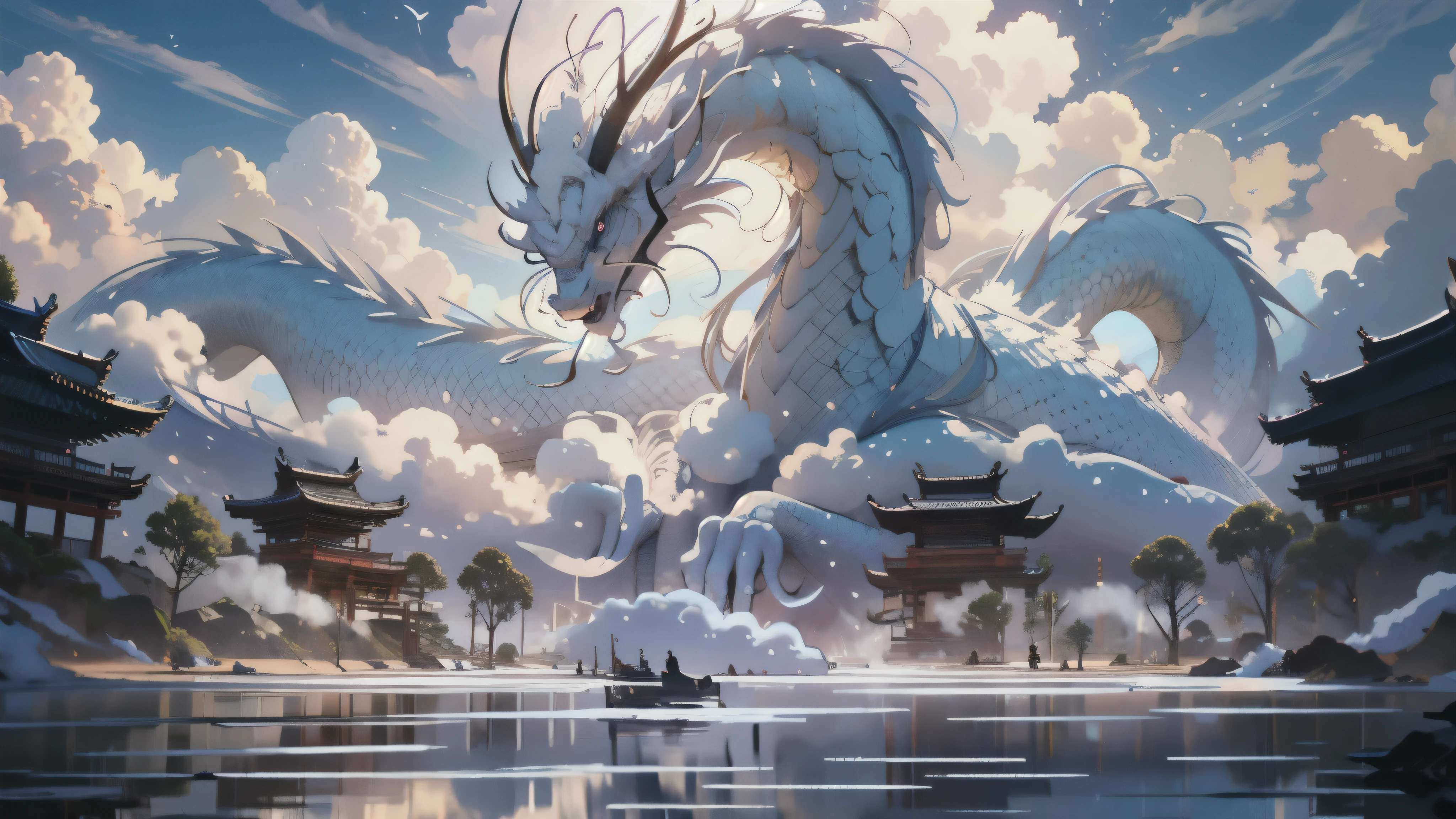 Beijing_sacred_bEast,blue_Eye,Outdoor activities,trumpet,Sky,cloud,No_Humanity,bird,cloudy_Sky,landscape,stairs,fantasy,dragon,architecture,East_Asian_architecture,Eastern_dragon,movie lighting,strong contrast,high level of detail,best quality,masterpiece