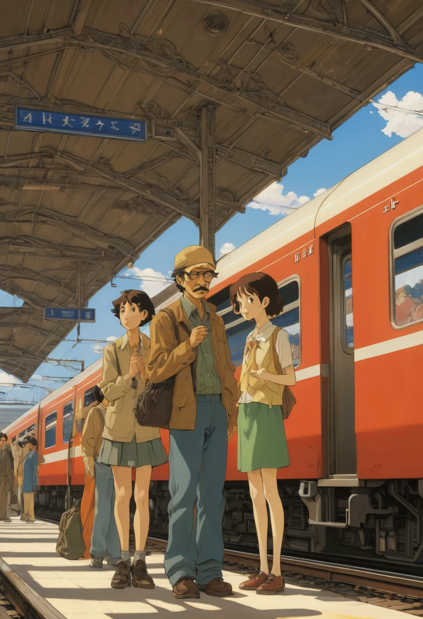 Train Station by Studio Ghibli Style, Ghibli color, Miyazaki Hayao style, best quality, masterpiece, Representative work, official art, Professional, Ultra intricate detailed, 8k