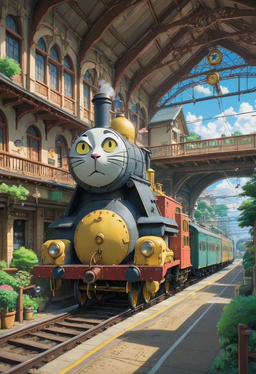 Train Station by Studio Ghibli Style, Ghibli color, Miyazaki Hayao style, best quality, masterpiece, Representative work, official art, Professional, Ultra intricate detailed, 8k
