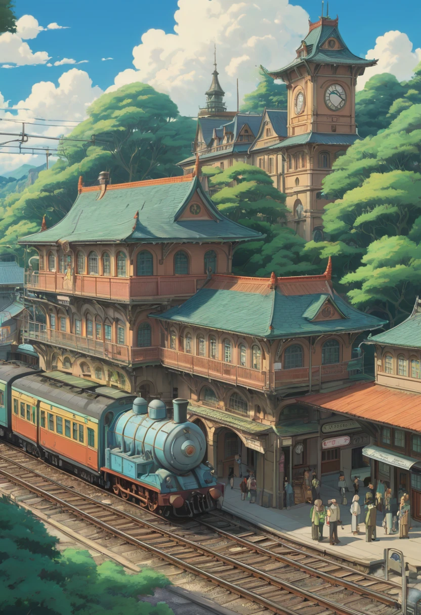 Train Station by Studio Ghibli Style, Ghibli color, Miyazaki Hayao style, best quality, masterpiece, Representative work, official art, Professional, Ultra intricate detailed, 8k