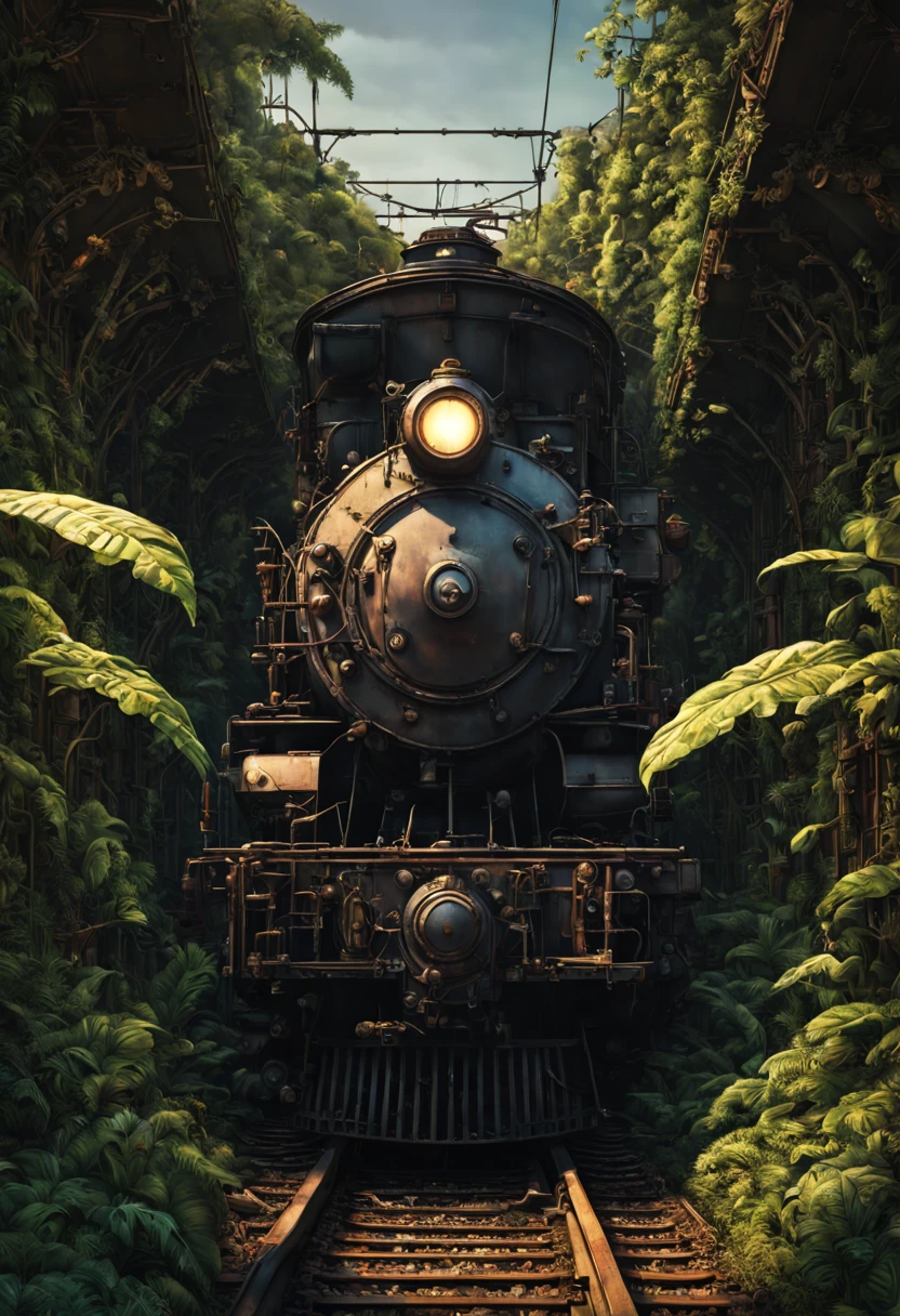 Train Station, aesthetic, steampunk derelict trains, railroads, stacked on top of each other in the jungle, covered with vines, plants, cogs, gears; epic lighting, cinematic, brilliant, stunning, intricate, meticulous, dramatic, atmospheric, maximalist, digital matte painting, mysterious, ominous, crepuscule, Moebius, golden hours