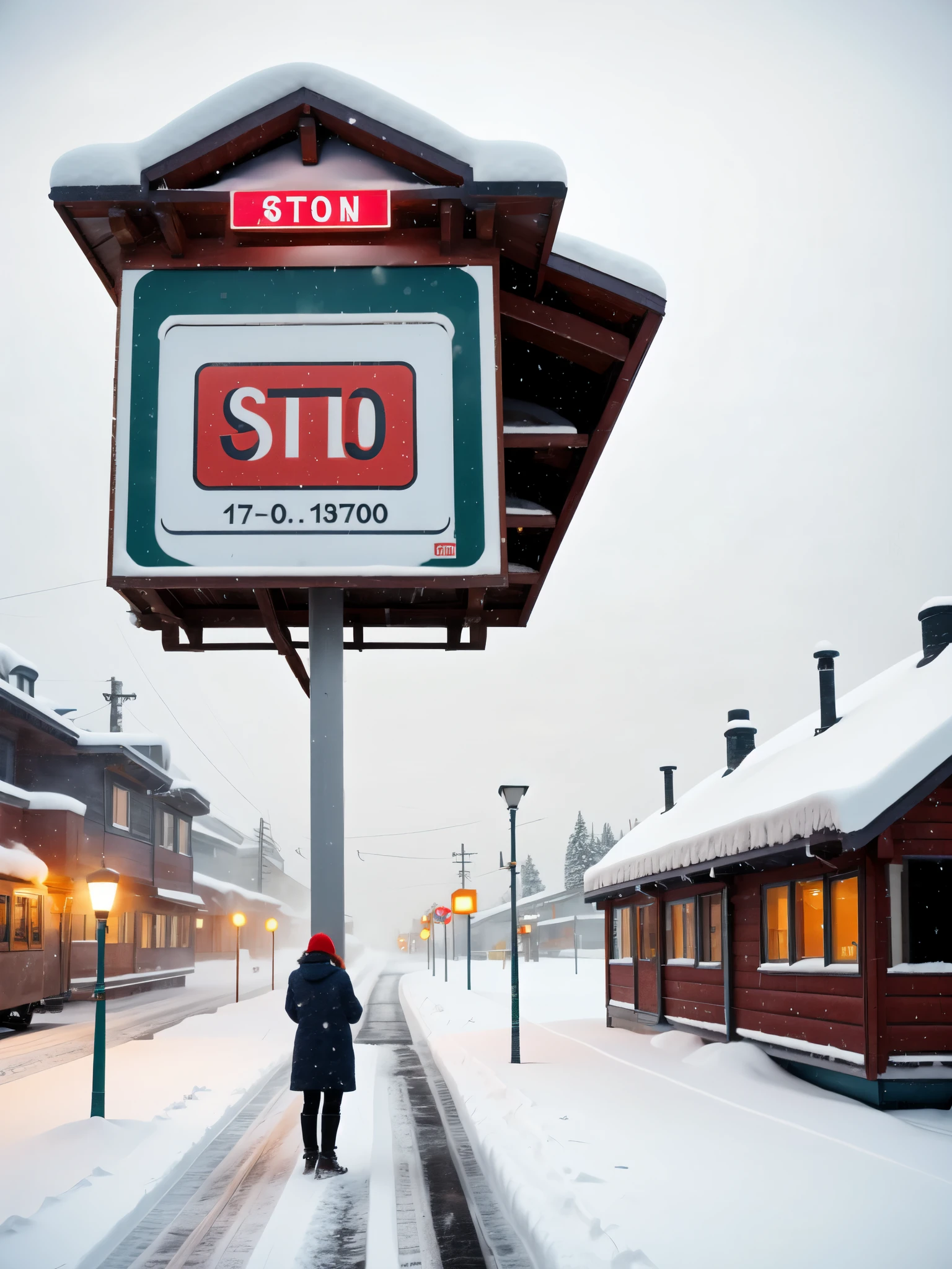 A  station in the heavy snow in Siberia，Back view of a person waiting for a bus，The big stop sign at the wooden house station，（Train tracks：0.65），blizzard，Dense fog