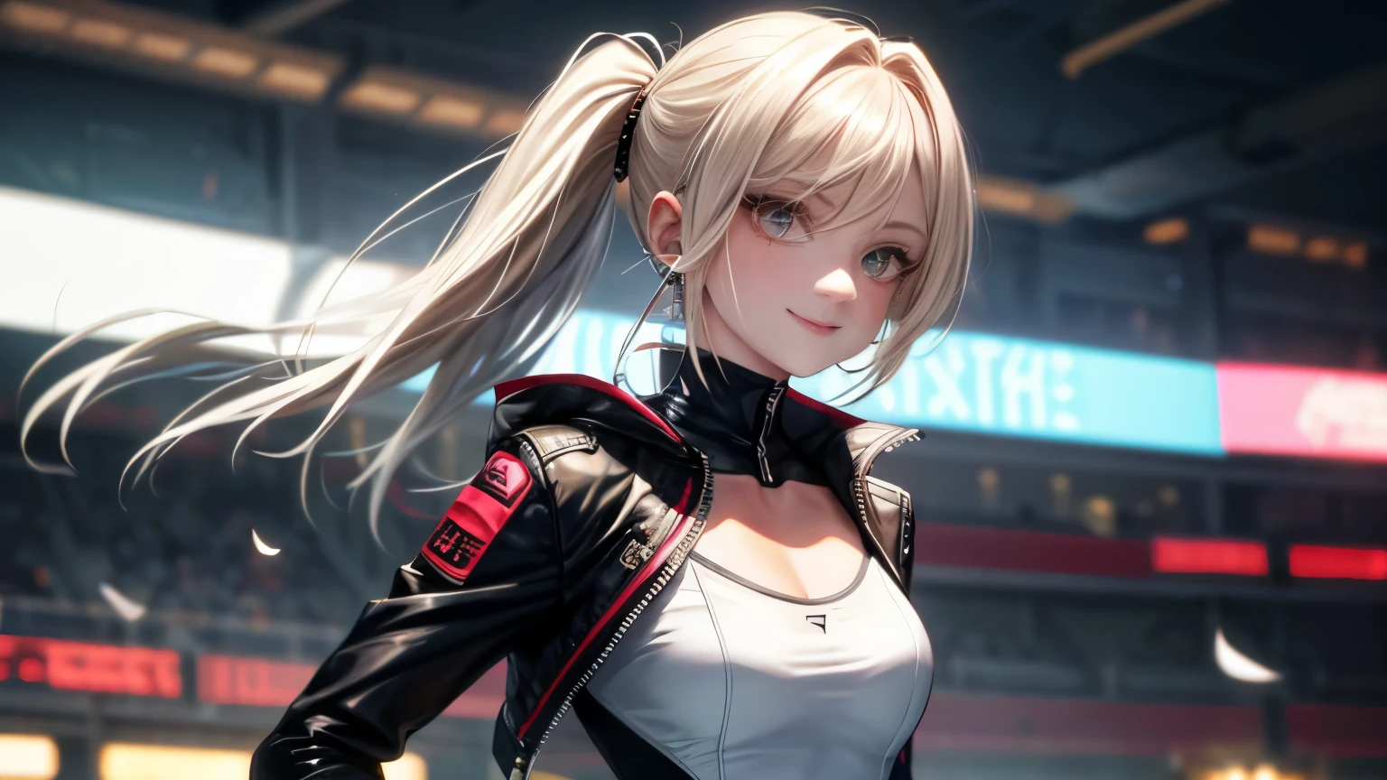 optimal,master piece,High resolution,best quality,hyper hd,super detail,Award-winning,16k,solo,(Upper body),correct anatomy,beautiful cyberpunk girl,cute face,,gradation beige hair,hair line,((scarlet eyes)),long eyelashes,drooping corners of the eyes,white skin,(small ),(Because I'm slender),((Women's Super Short Shawl Leather Jacket)),((racing_suit)),((height_skirt)),ear studs,(neck ring),(laser material clothing:1.2)、cleavage、smile、beautiful eyes