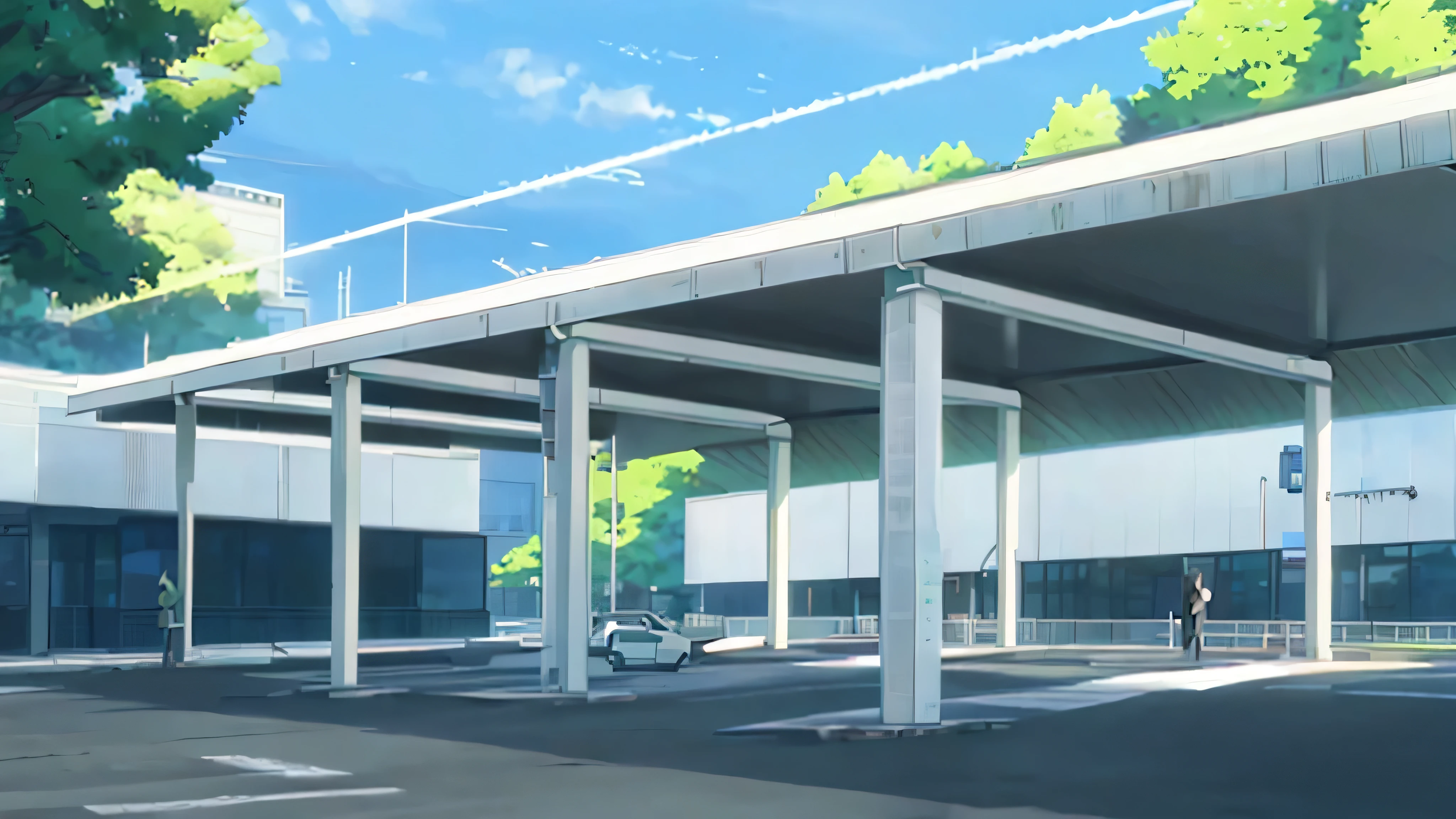 terminal bus, there is two bus, one red, one white, one blue, cloudy sky, there are few trees, terminal building, makoto shinkai style