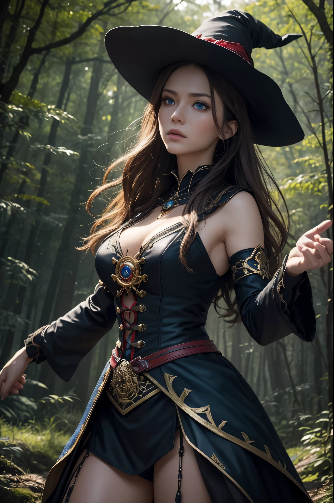 8K,((highest quality)), ((table top)), ((realistic)), ケルトのwitch, witch, artistic anatomical hand, fine art anatomy, shining blue eyes, woman's face, , Trending at Art Station, sharp focus, studio photography, intricate details, very detailed, fine eyes, figure, very detailed, Red and Black witch Costume,sharp focus, digital rendering, Professional, beautiful expression,超A high resolution,super realistic skin,Colorful effect of the magic circle behind you,in the forest,Super beautiful(like the real thing),battle scene,action pose,view audience,grim expression,dynamic pose,fighting pose,very big white magic circle,Geometric pattern,Close-up,