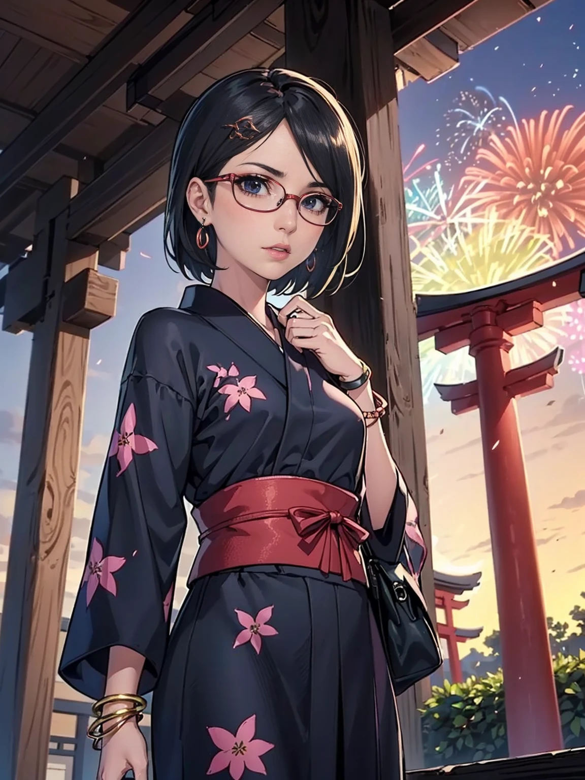 ((1girl, solo ,alone, Sarada Uchiha, short hair, ((dark eyes, bracelets, ruby earrings, black eyes, glasses, small breasts, standing)), uchiha sarada)), ((solo, 1woman, pink lipstick, Extremely detailed, ambient soft lighting, 4k, perfect eyes, a perfect face, perfect lighting, a 1girl)), austere, ((hair ornament, ruby earrings, bracelets, patterned yukata, torii, summer festival, sunset, fireworks, Shinto temple))