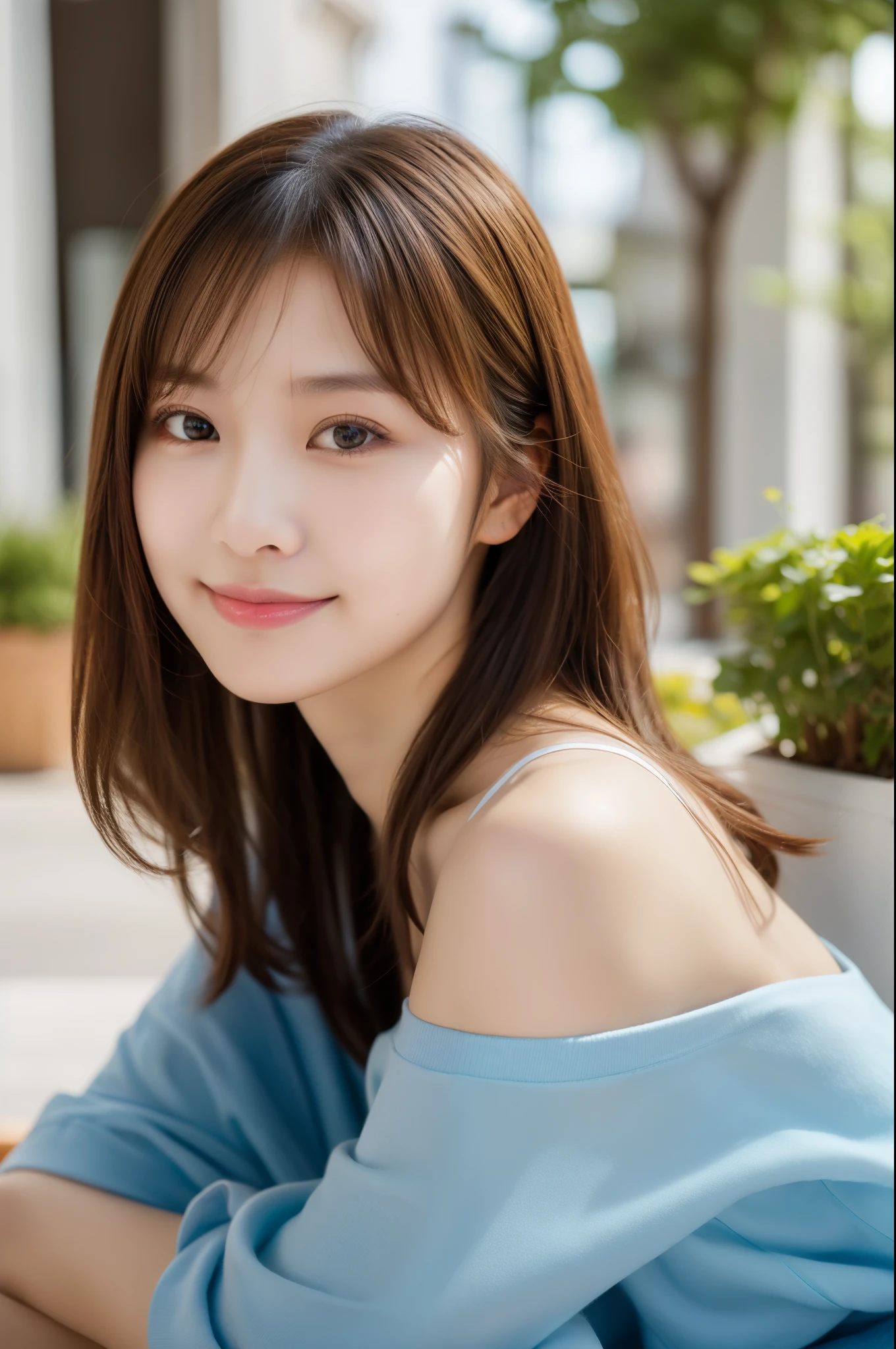 ulzzang-6500-v1.1,(highest quality,masterpiece:1.3,ultra high resolution),(Super detailed,8k),,(realistic:1.4,RAW shooting),18-year-old,cute,Super beautiful,Japanese woman sitting on the terrace of a cafe, long curly hair, turn around, off shoulder, big round eyes, sunlight,  With bangs, brown eyes, Narrow forehead, , smile, long skirt,big breasts,perfect style,professional lighting, Photographed by a professional photographer