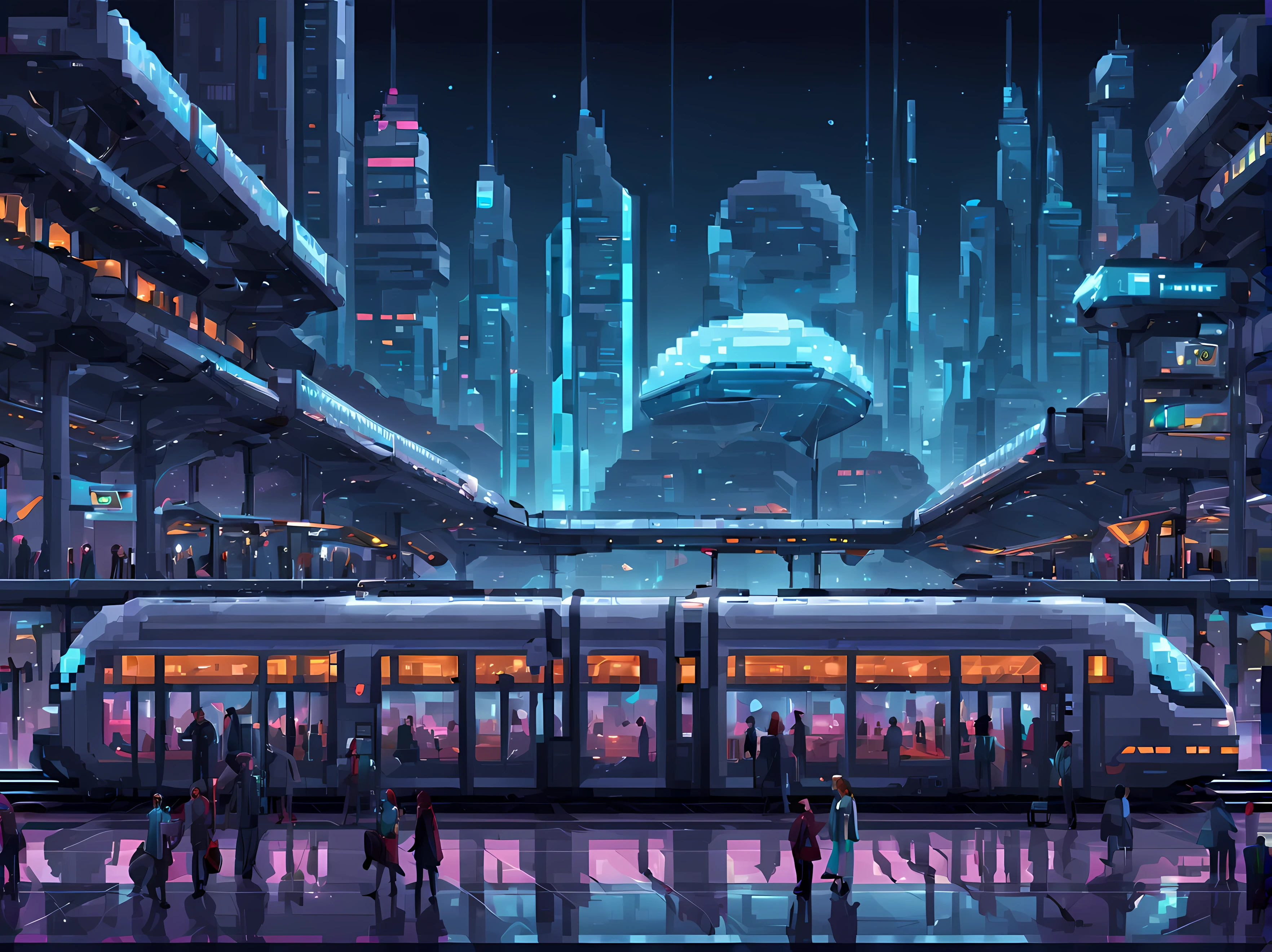 Pixel art, a captivating scene featuring a futuristic train station at the glow of the otherworldly planet at night, sleek modern, architecture with transparent glass panels, a high-speed train, advanced technological elements like holographic displays and robotic assistants, a futuristic cityscape backdrop, cyberpunk passengers, masterpiece in maximum 16K resolution, superb quality. | ((More_Detail))